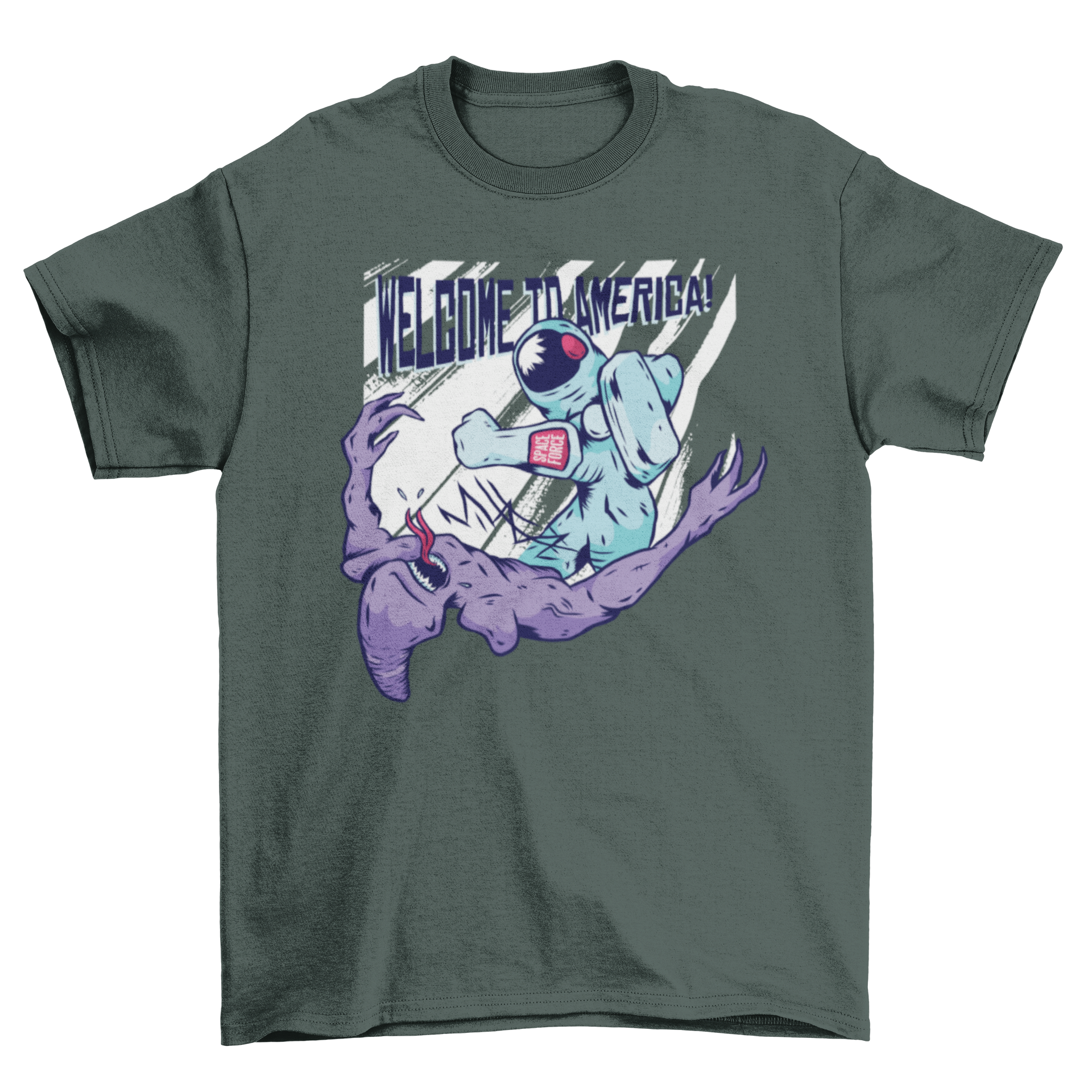 A humorous t-shirt design featuring an astronaut punching an alien with the caption 'Welcome to America!' in vibrant colors.