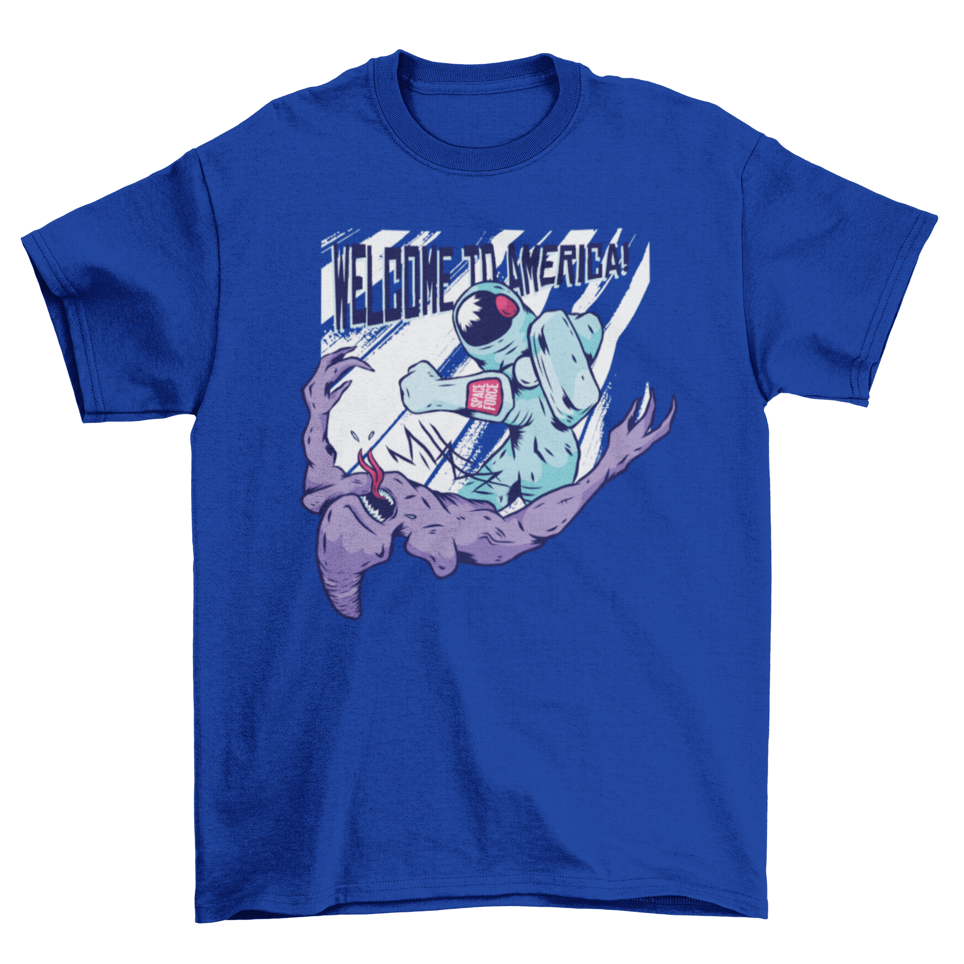 A humorous t-shirt design featuring an astronaut punching an alien with the caption 'Welcome to America!' in vibrant colors.