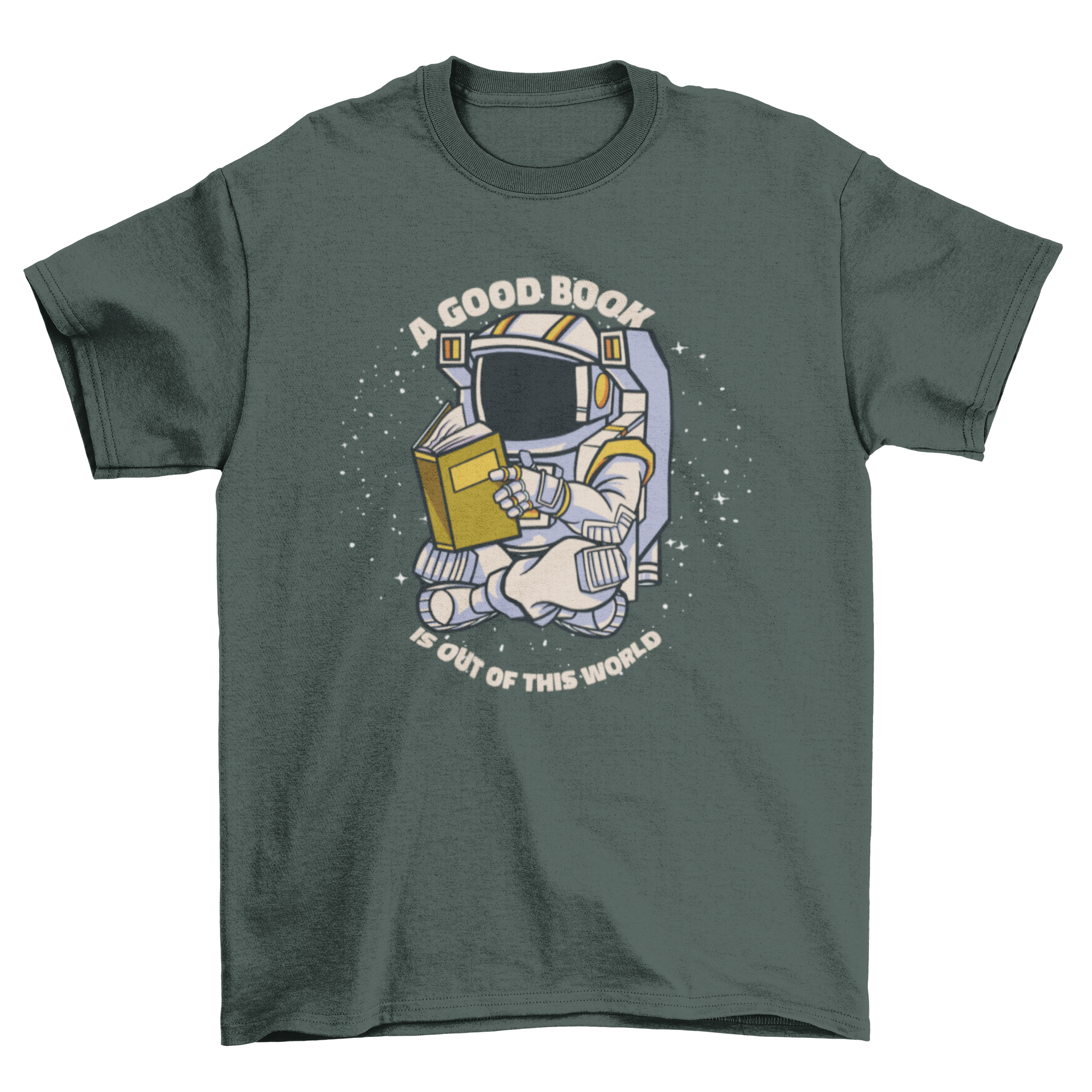 A fun t-shirt design featuring an astronaut reading a book in space, surrounded by stars and planets.