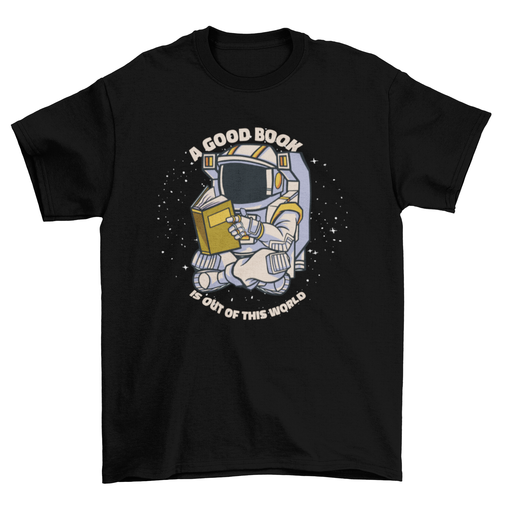 A fun t-shirt design featuring an astronaut reading a book in space, surrounded by stars and planets.