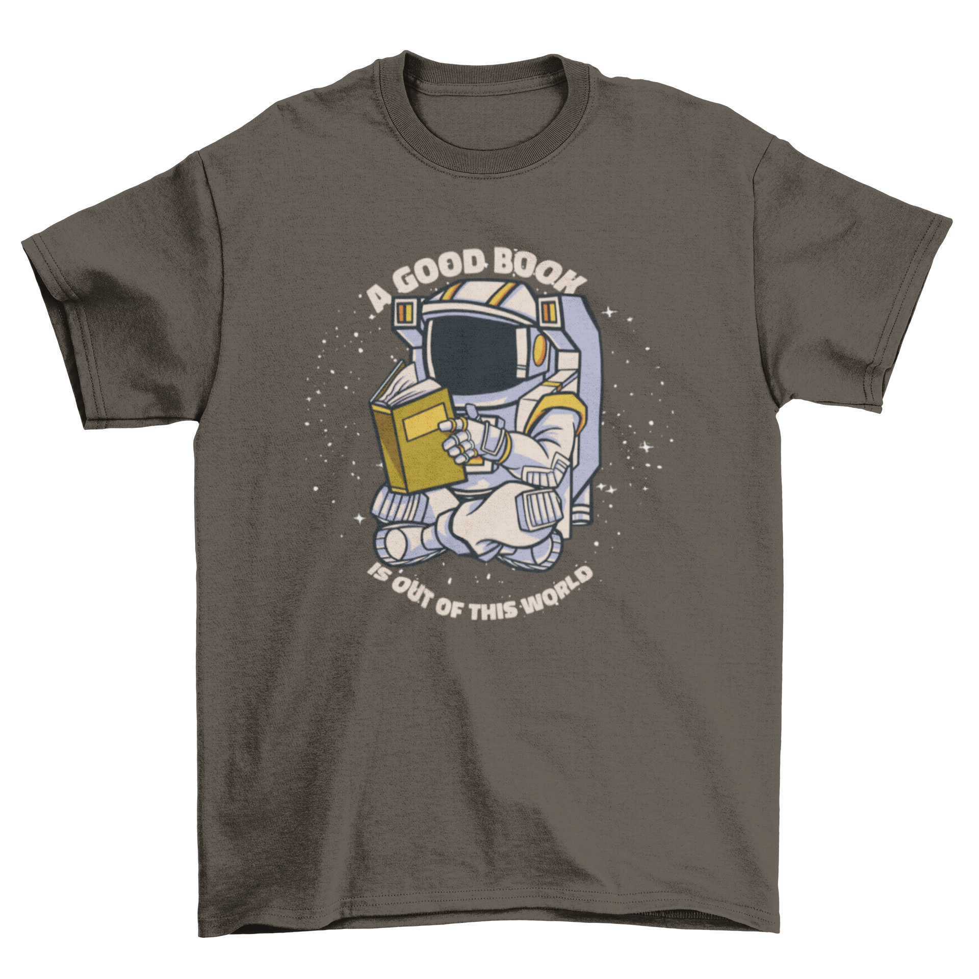 A fun t-shirt design featuring an astronaut reading a book in space, surrounded by stars and planets.