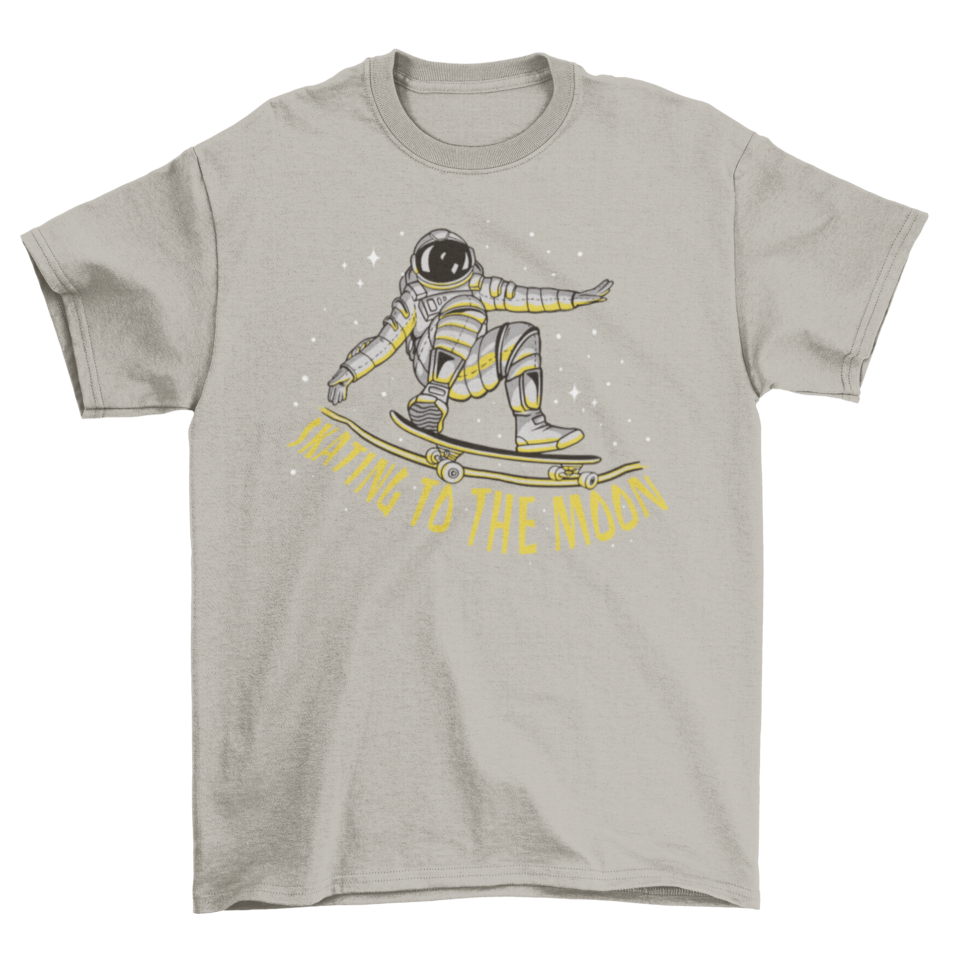 A vibrant t-shirt featuring an astronaut skating in space, showcasing a whimsical design against a cosmic backdrop.