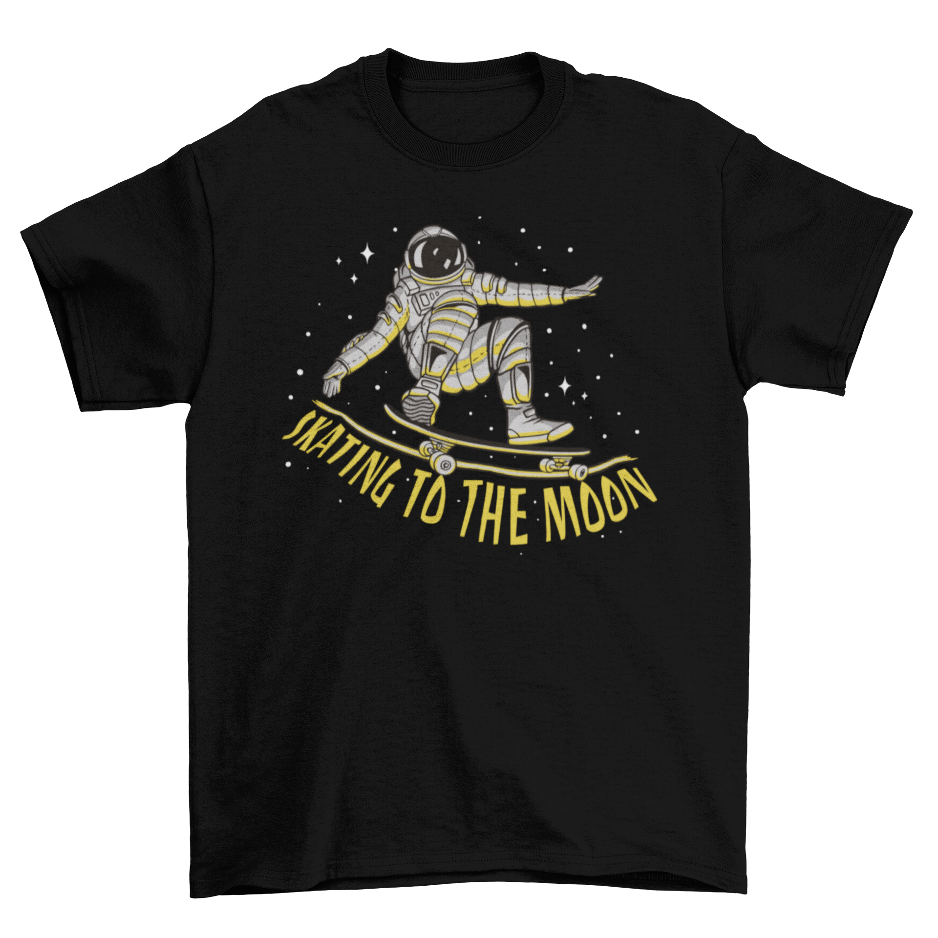 A vibrant t-shirt featuring an astronaut skating in space, showcasing a whimsical design against a cosmic backdrop.