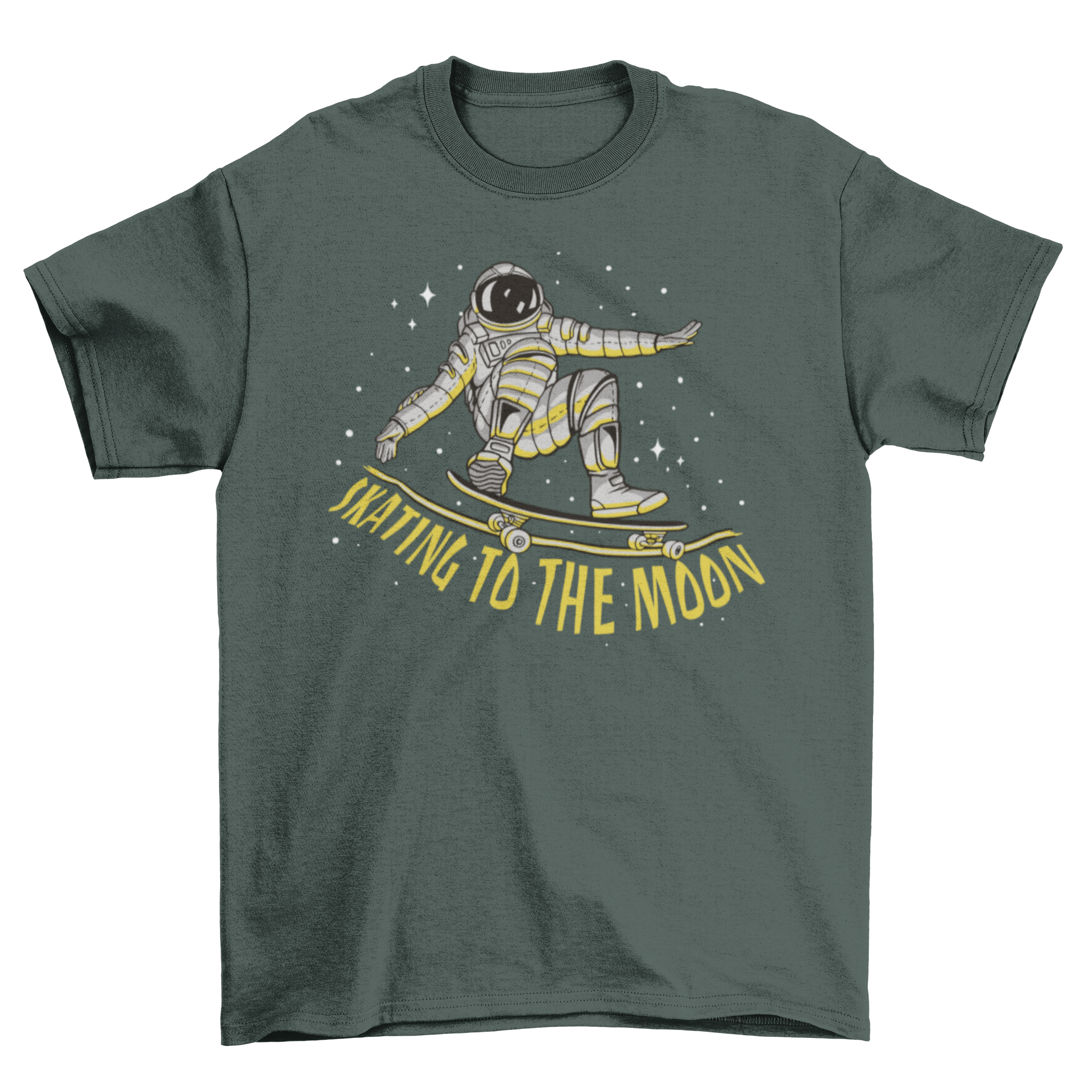 A vibrant t-shirt featuring an astronaut skating in space, showcasing a whimsical design against a cosmic backdrop.