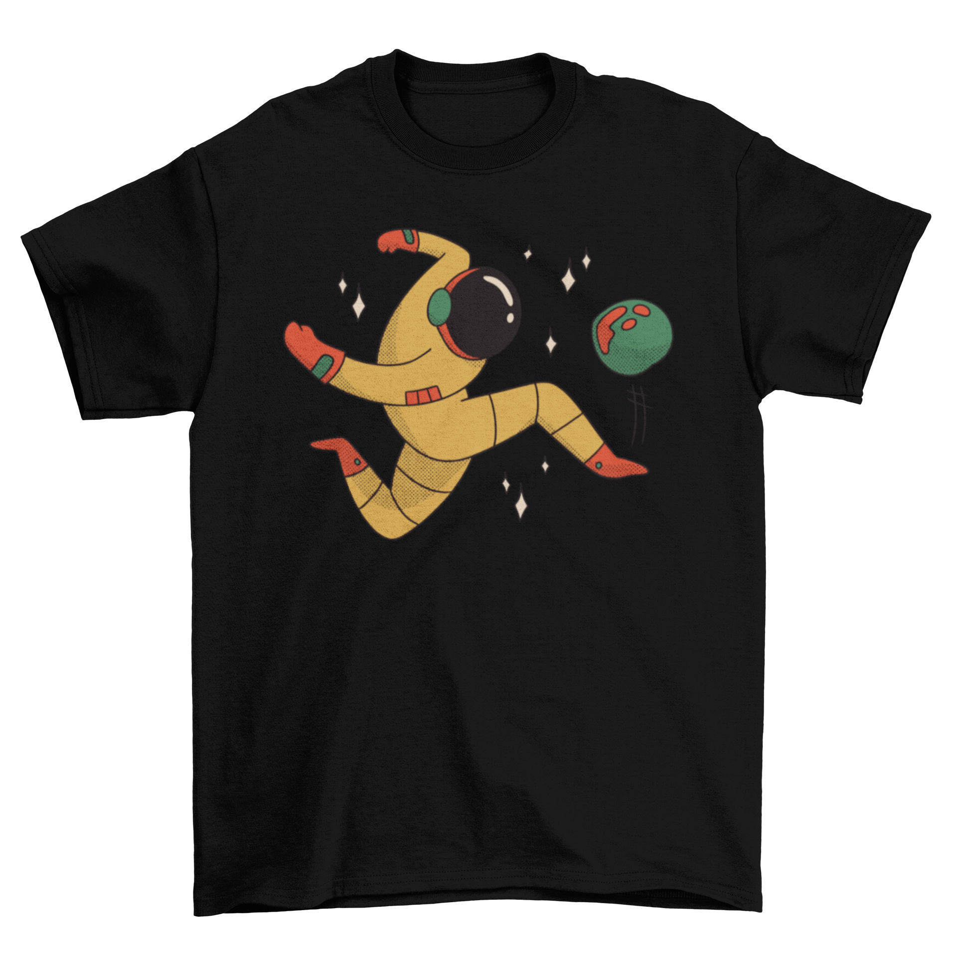 Astronaut soccer t-shirt featuring an astronaut playing soccer with a planet illustration, showcasing a fun and unique design.