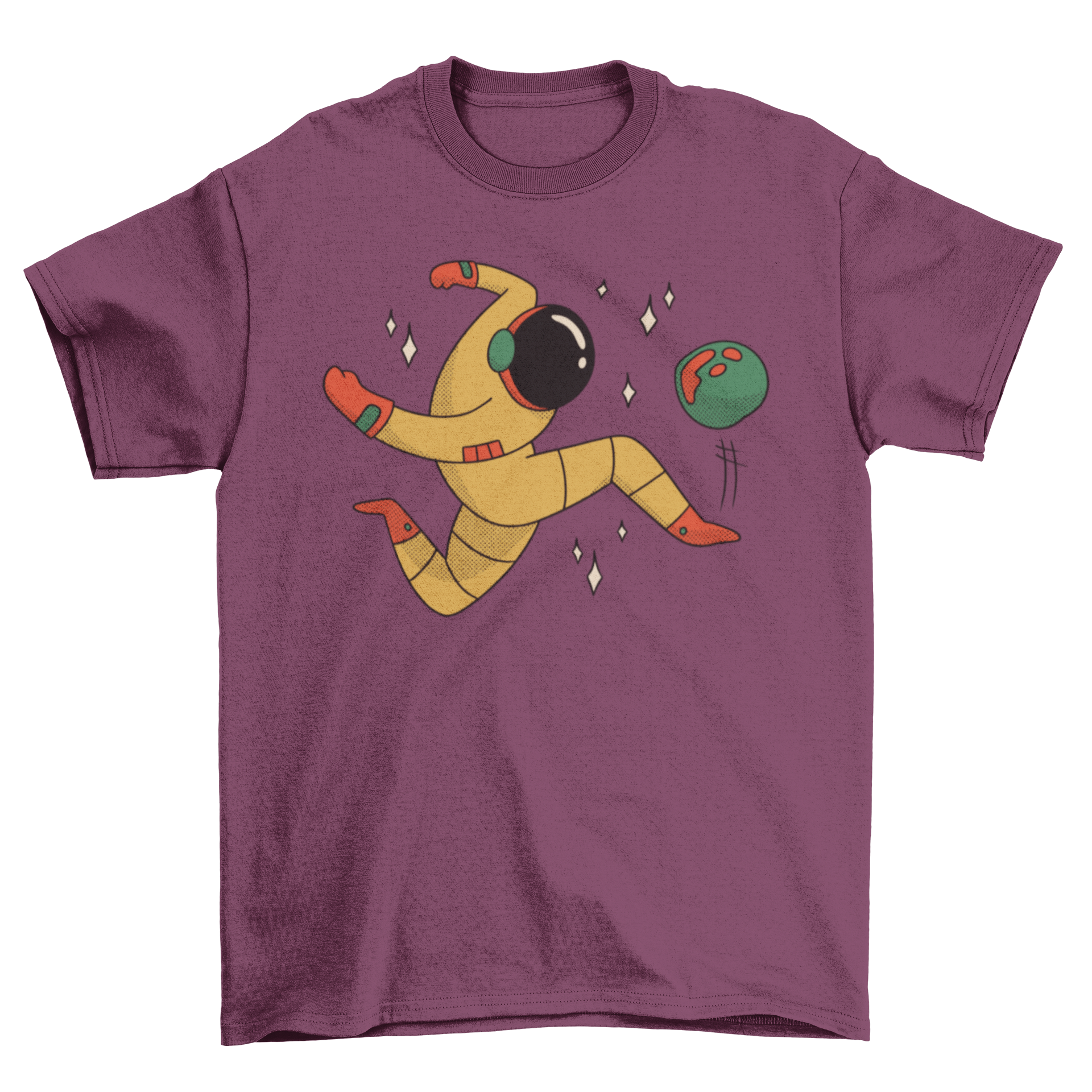 Astronaut soccer t-shirt featuring an astronaut playing soccer with a planet illustration, showcasing a fun and unique design.