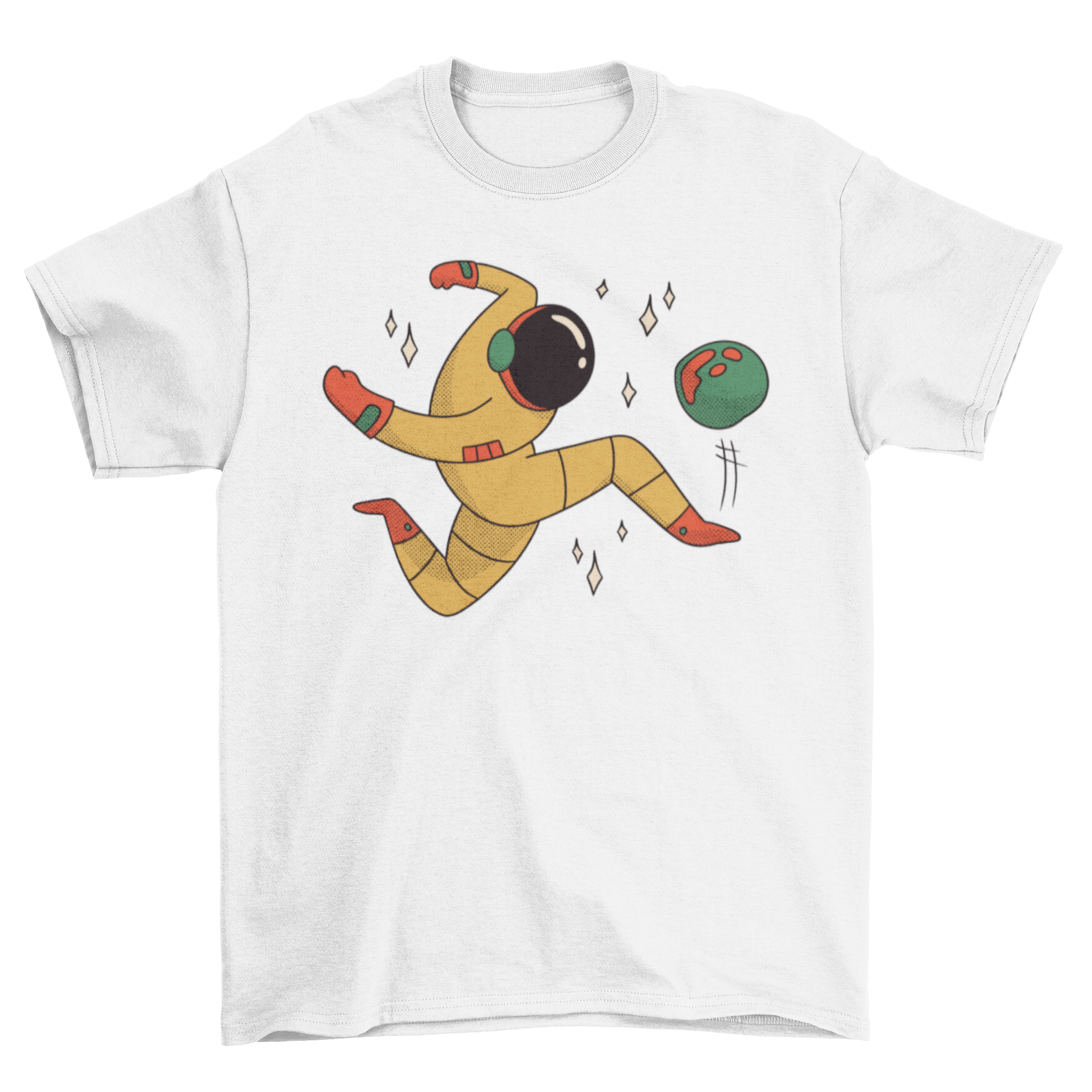 Astronaut soccer t-shirt featuring an astronaut playing soccer with a planet illustration, showcasing a fun and unique design.