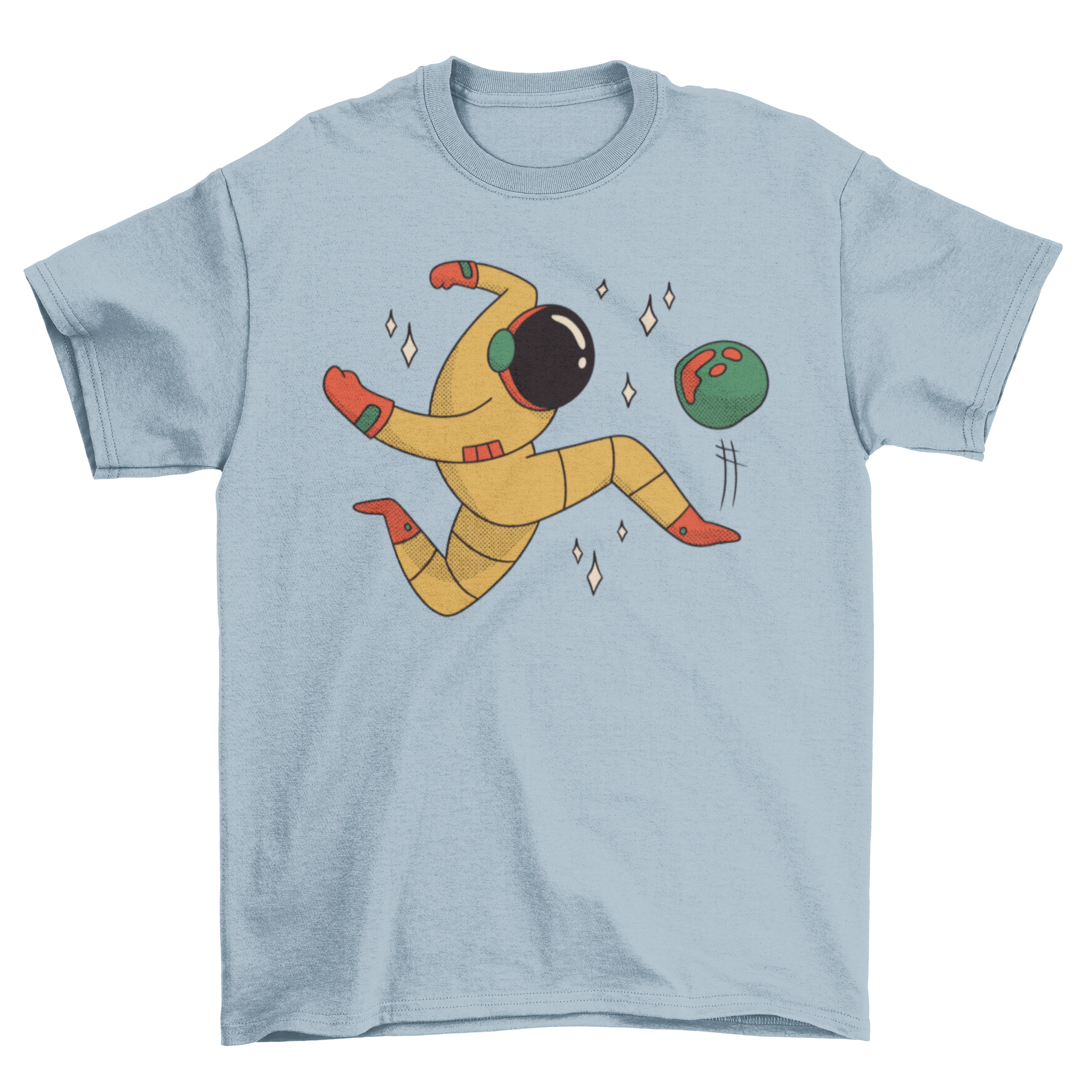 Astronaut soccer t-shirt featuring an astronaut playing soccer with a planet illustration, showcasing a fun and unique design.