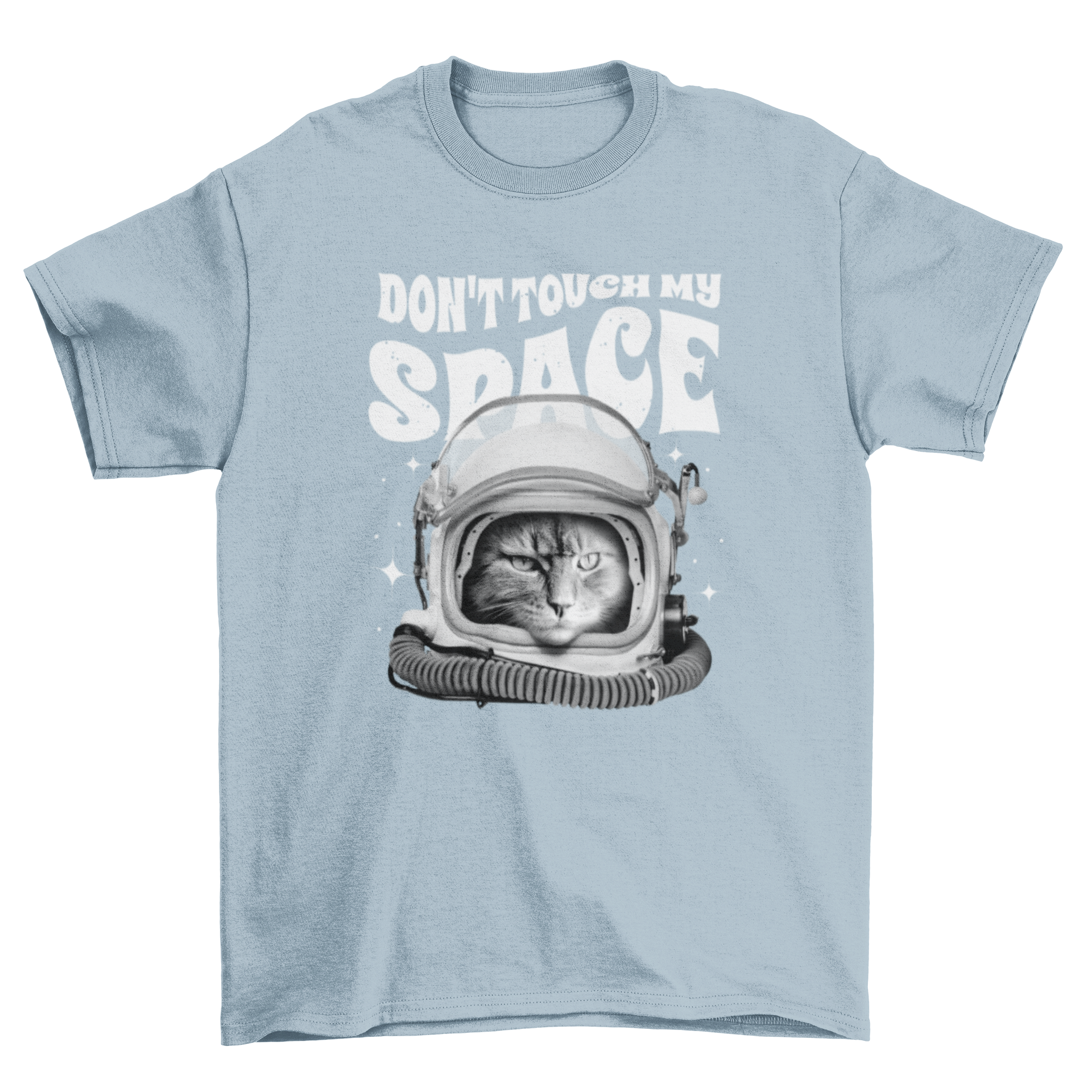 A stylish black and white t-shirt featuring an astronaut cat design with the quote 'Don't touch my space'.