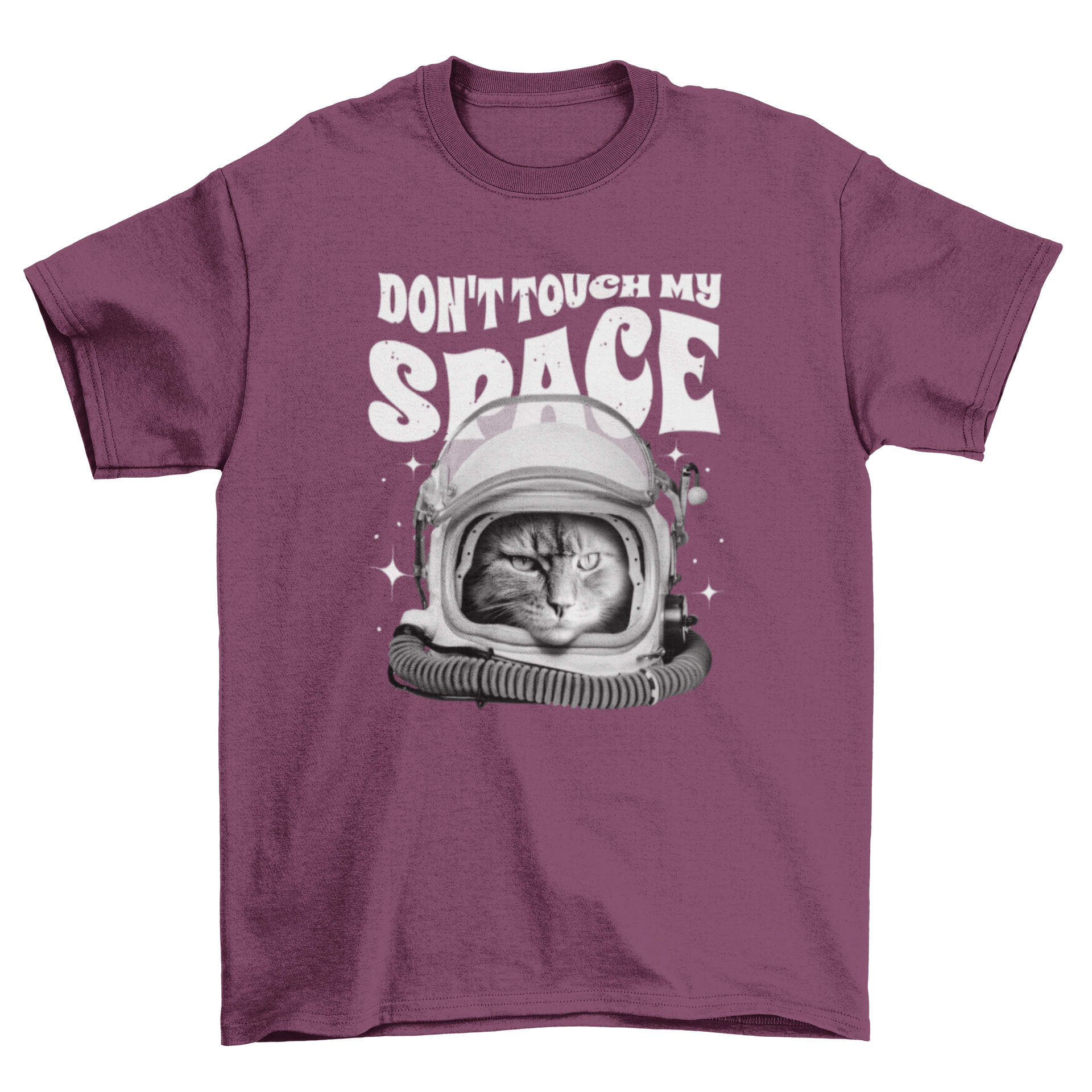 A stylish black and white t-shirt featuring an astronaut cat design with the quote 'Don't touch my space'.