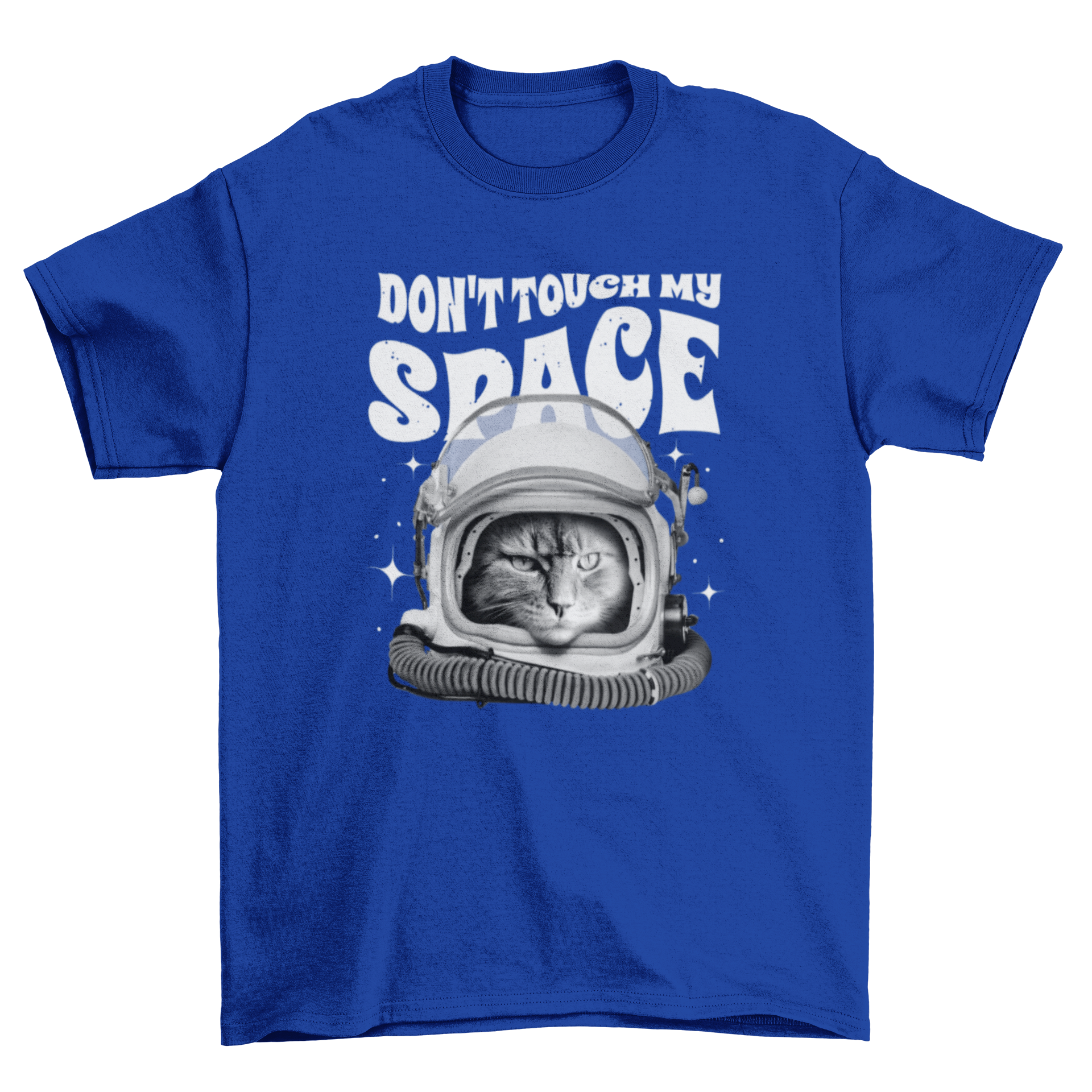 A stylish black and white t-shirt featuring an astronaut cat design with the quote 'Don't touch my space'.