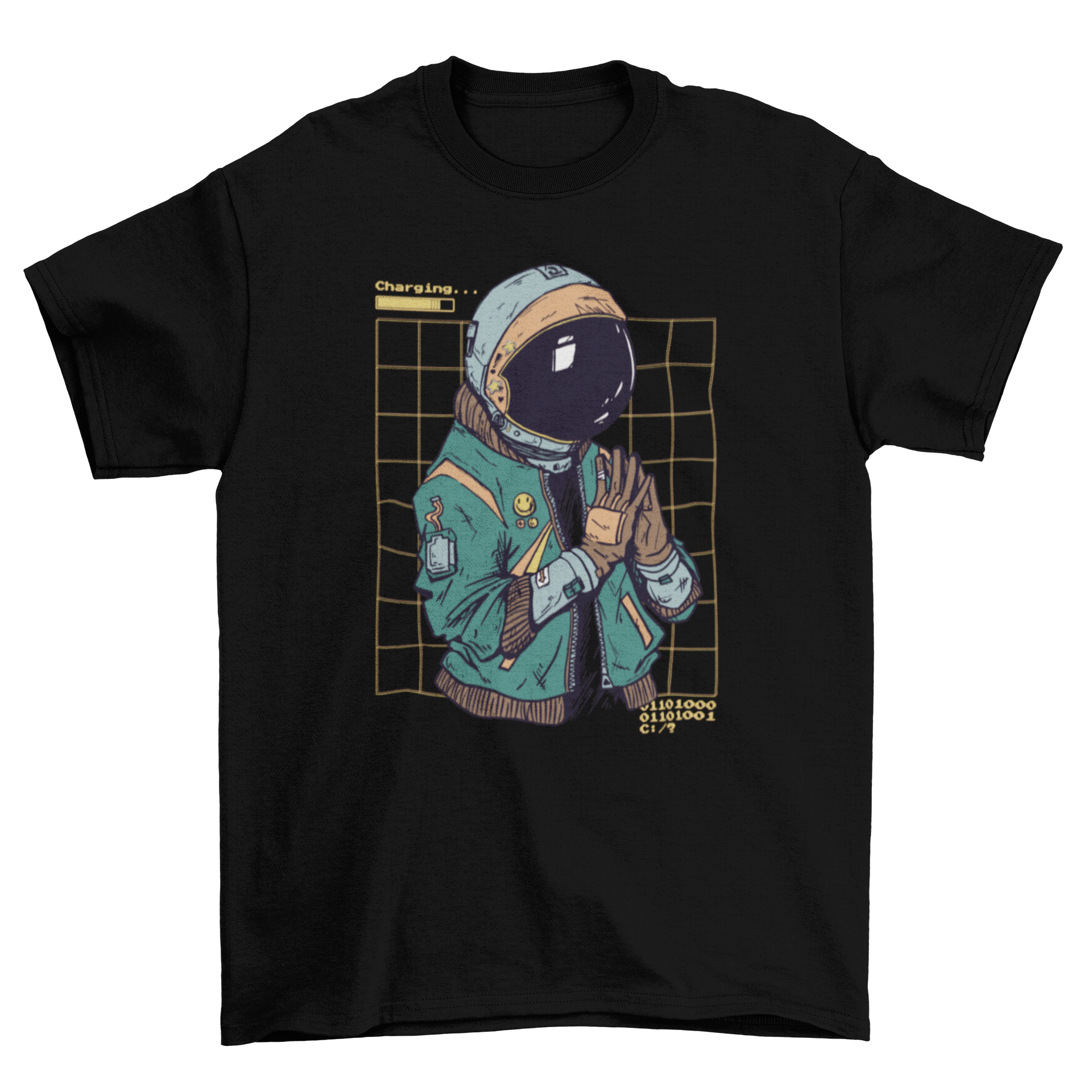 A vibrant cyberpunk style t-shirt featuring an astronaut suit design, showcasing neon colors and intricate details.