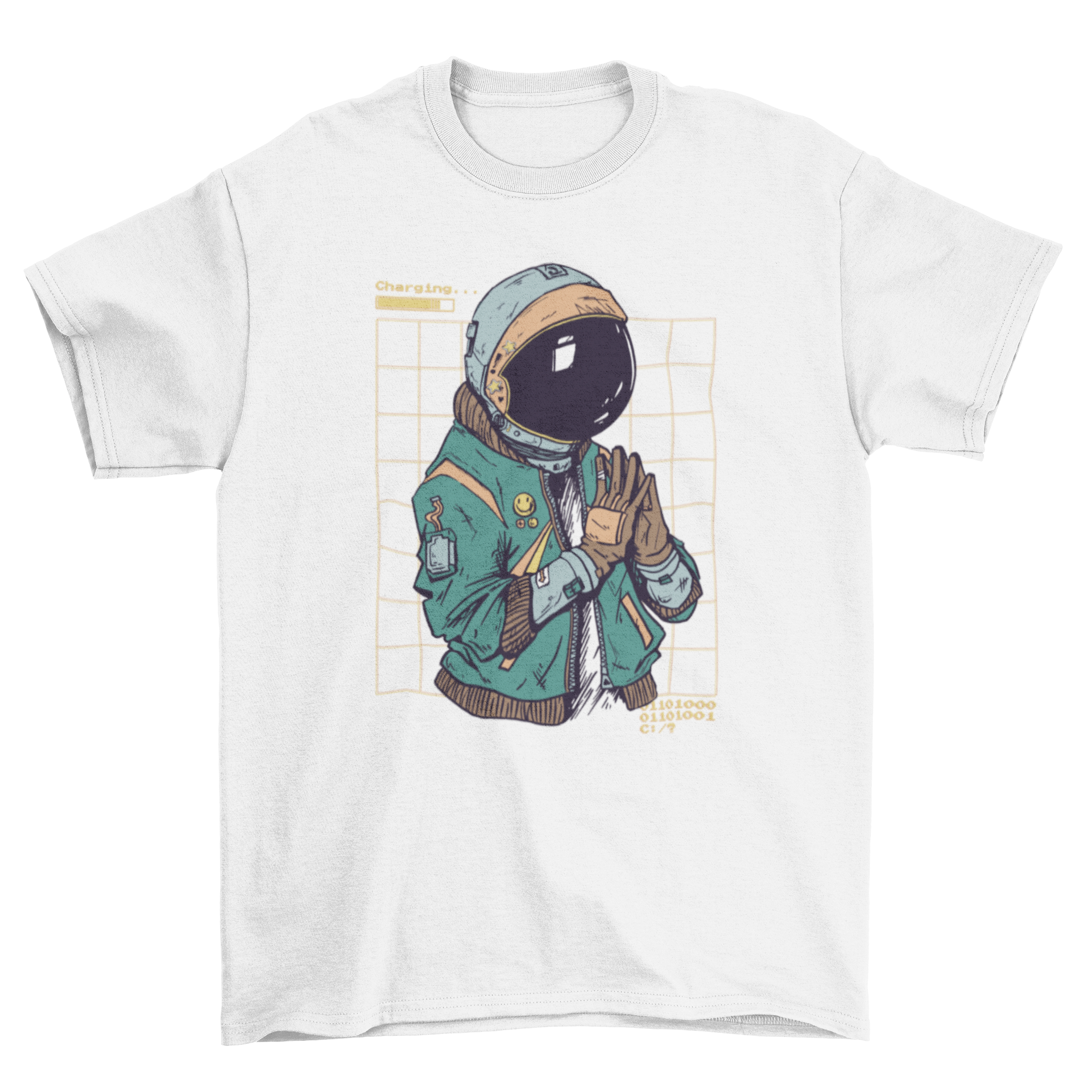 A vibrant cyberpunk style t-shirt featuring an astronaut suit design, showcasing neon colors and intricate details.