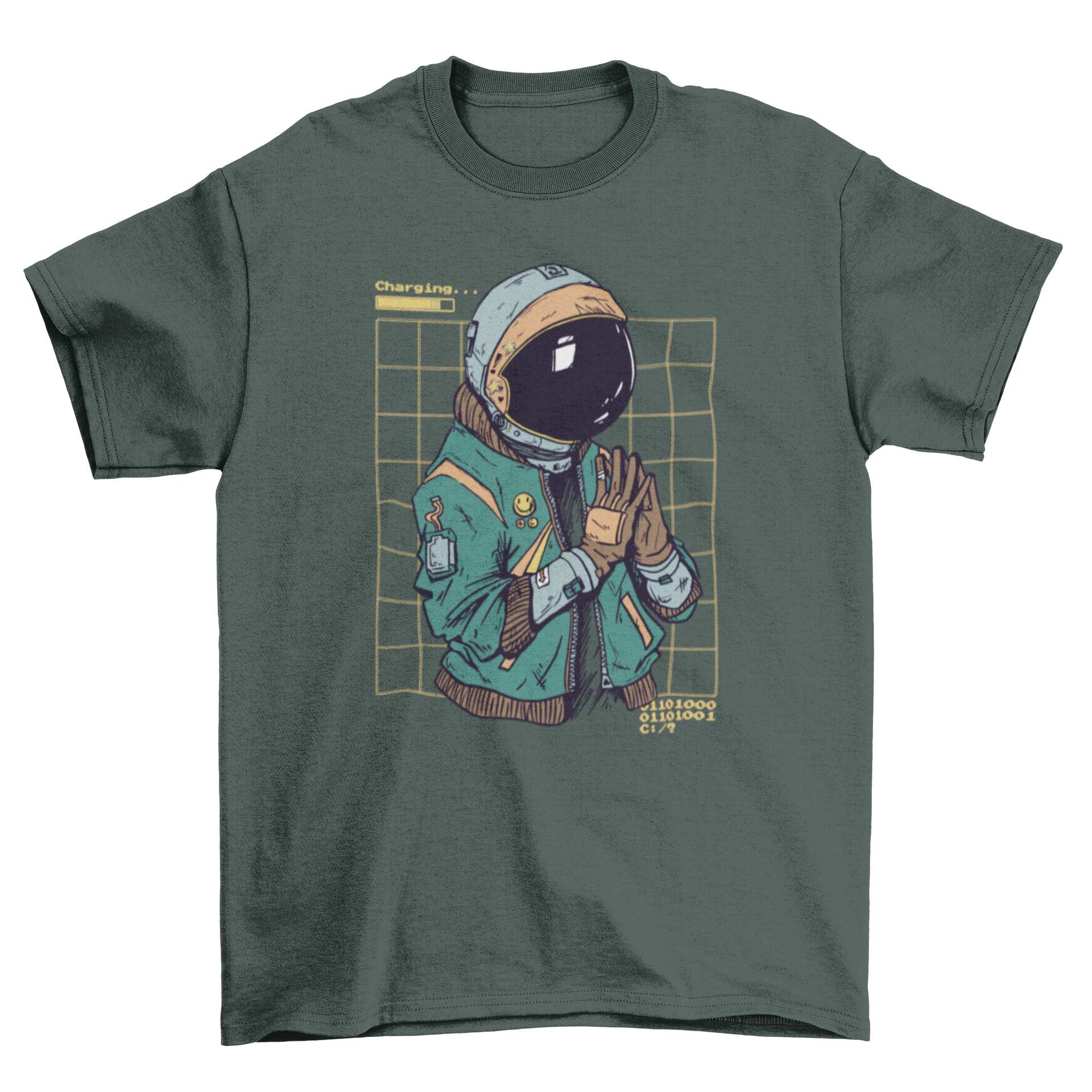 A vibrant cyberpunk style t-shirt featuring an astronaut suit design, showcasing neon colors and intricate details.