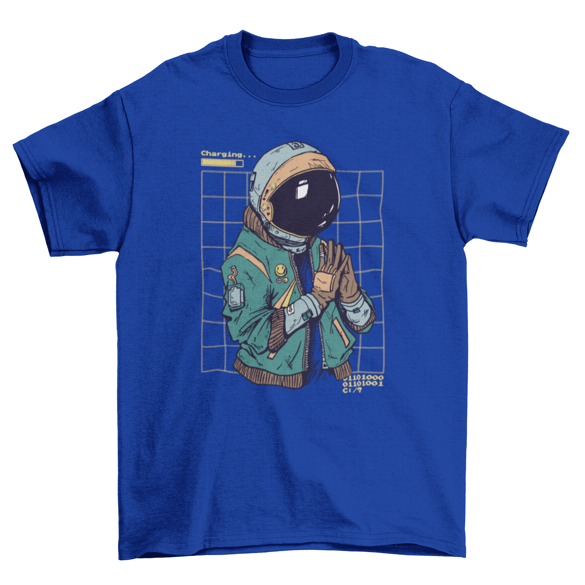 A vibrant cyberpunk style t-shirt featuring an astronaut suit design, showcasing neon colors and intricate details.