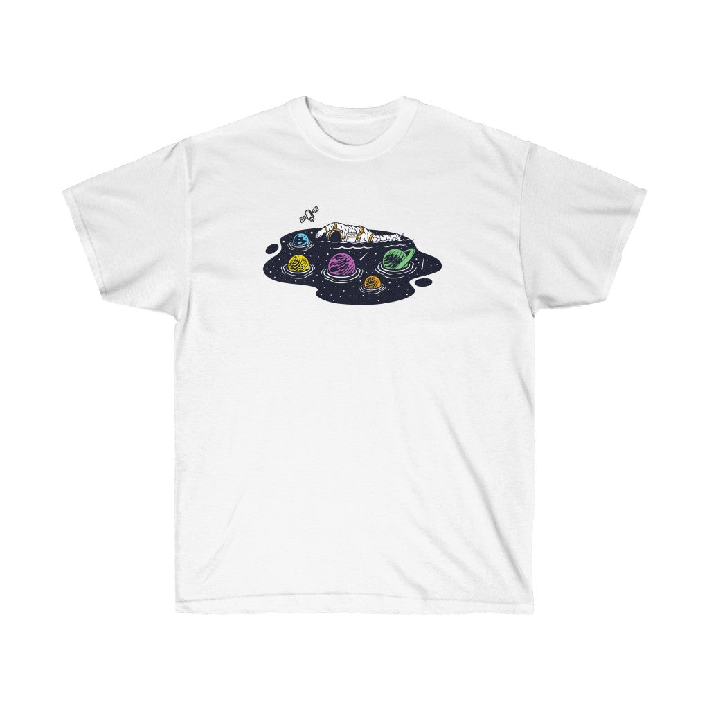 Astronaut swimming in space graphic t-shirt, showcasing a vibrant design of an astronaut in a cosmic setting.