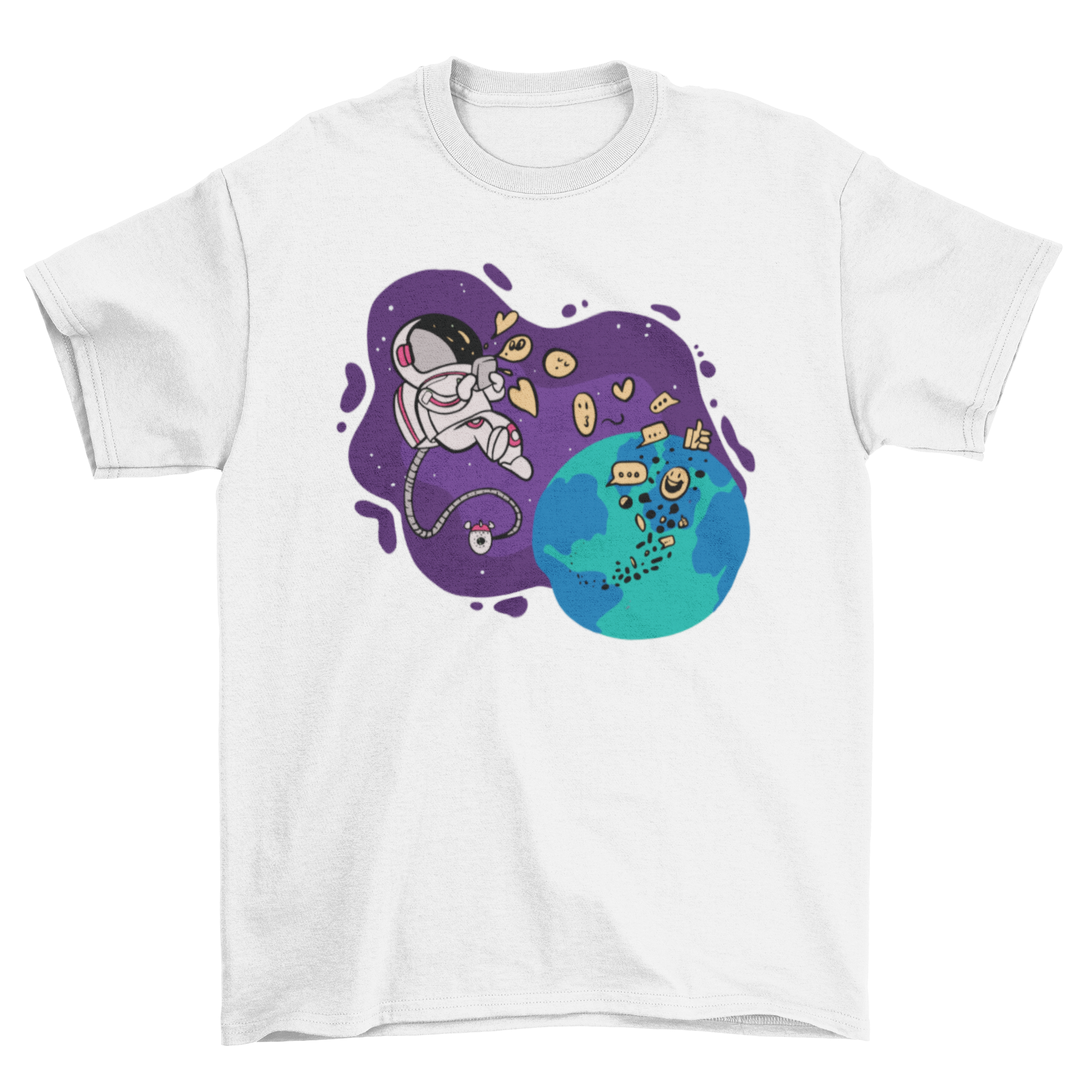 A stylish t-shirt featuring an astronaut in space, texting on a smartphone, showcasing a fun and modern design.