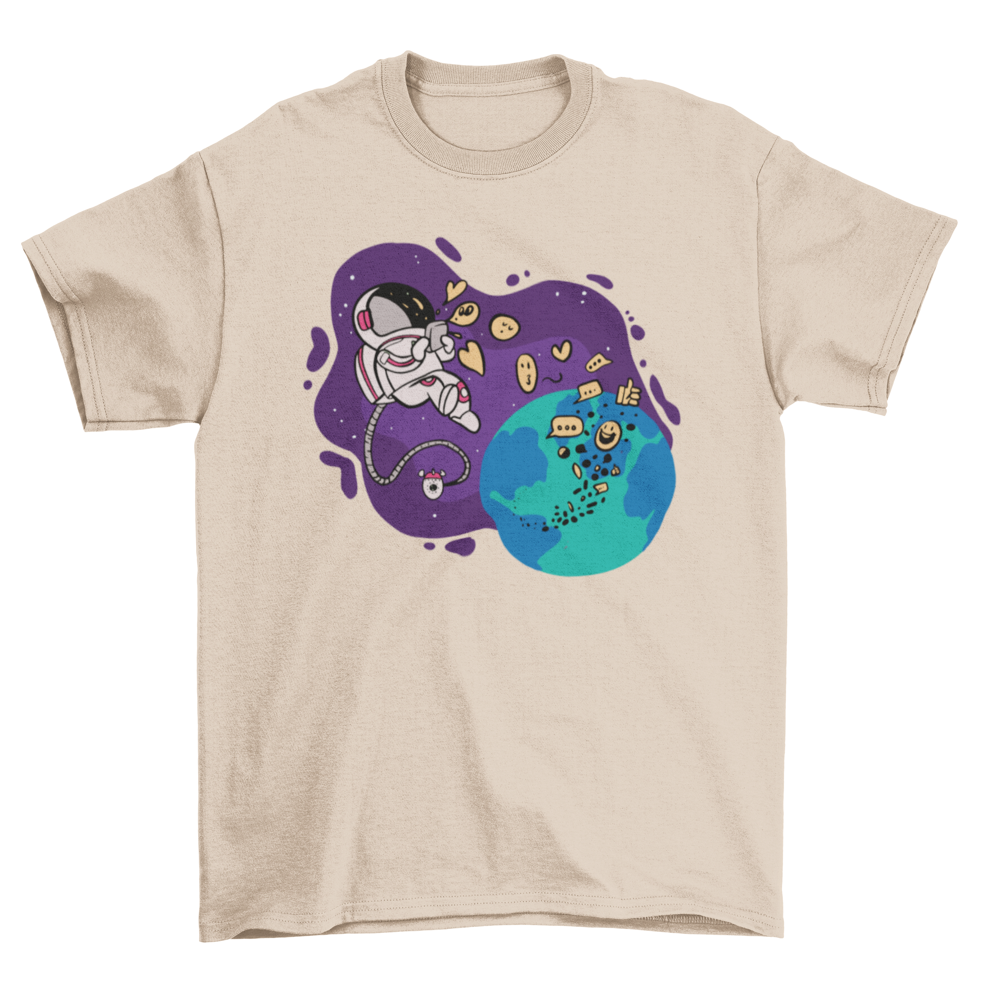 A stylish t-shirt featuring an astronaut in space, texting on a smartphone, showcasing a fun and modern design.