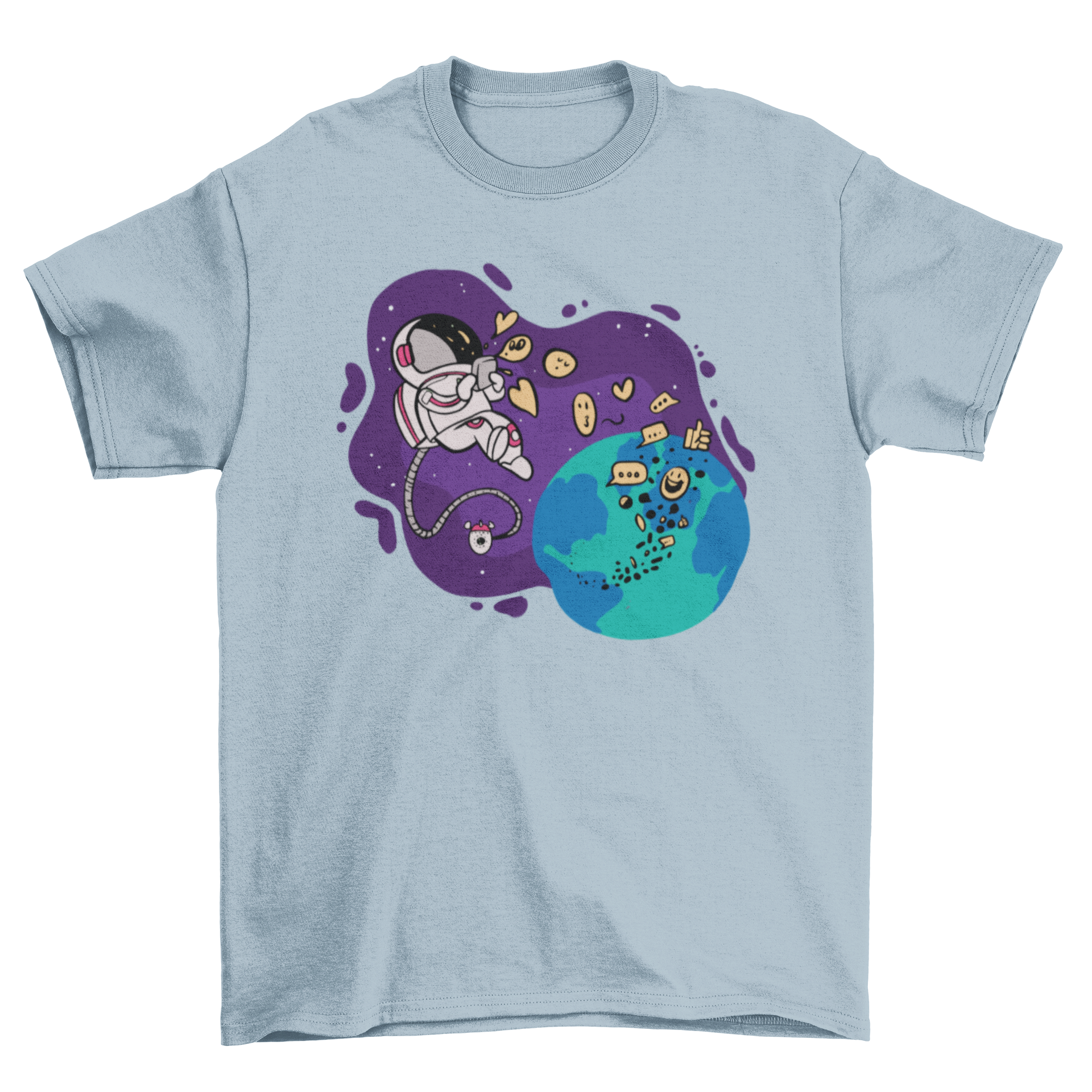 A stylish t-shirt featuring an astronaut in space, texting on a smartphone, showcasing a fun and modern design.