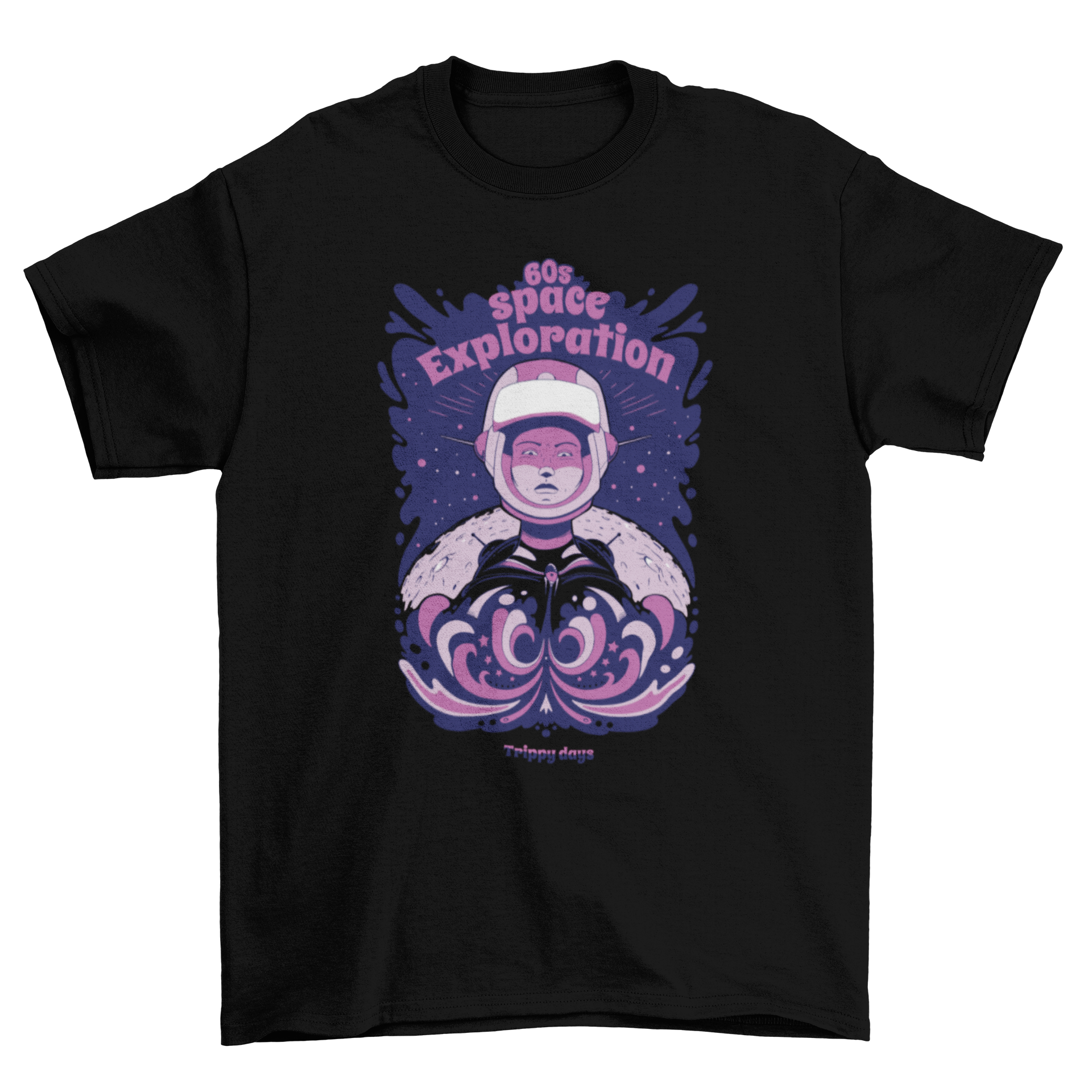 Astronaut travelling in space t-shirt featuring a colorful astronaut design and a nostalgic quote about 60s space exploration.