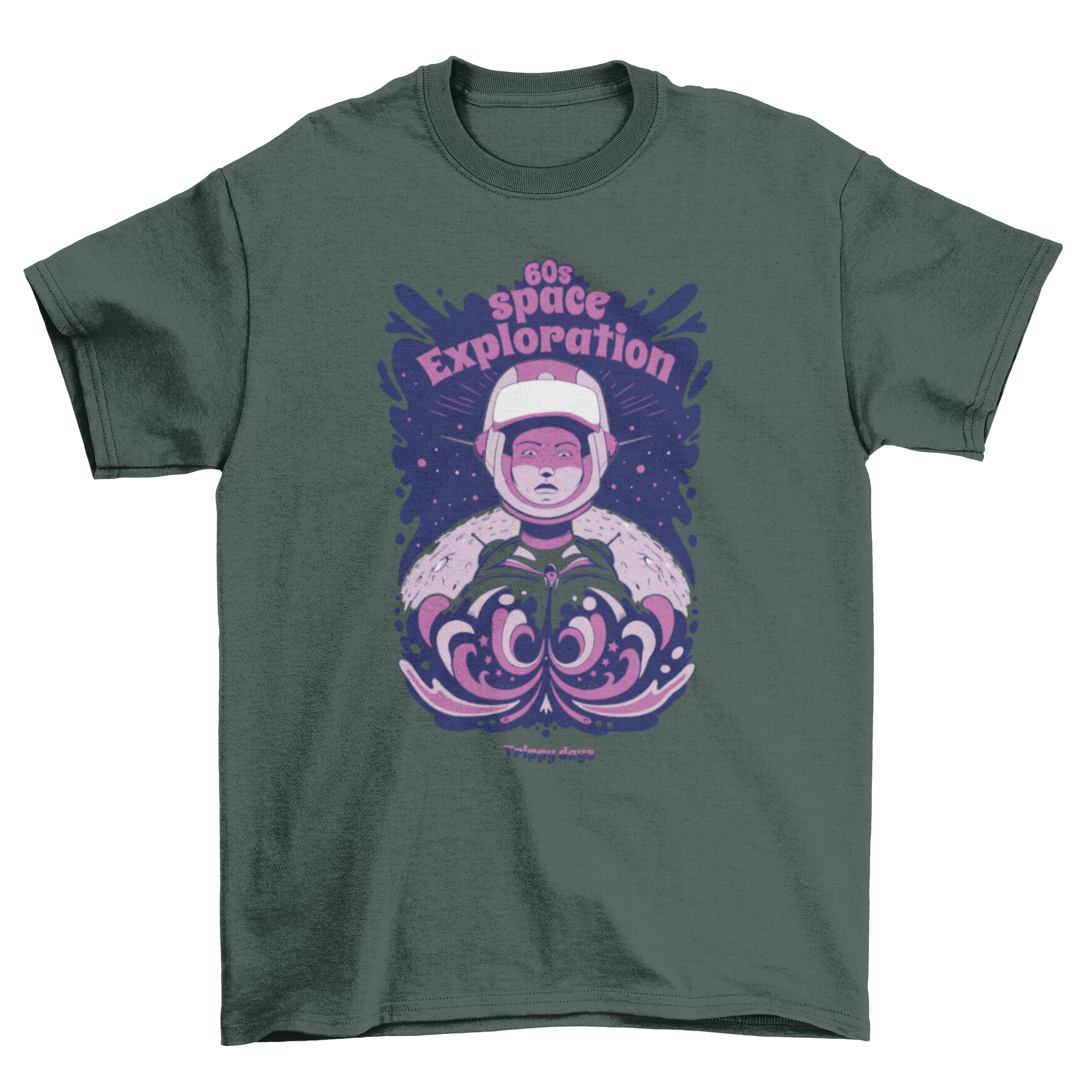 Astronaut travelling in space t-shirt featuring a colorful astronaut design and a nostalgic quote about 60s space exploration.