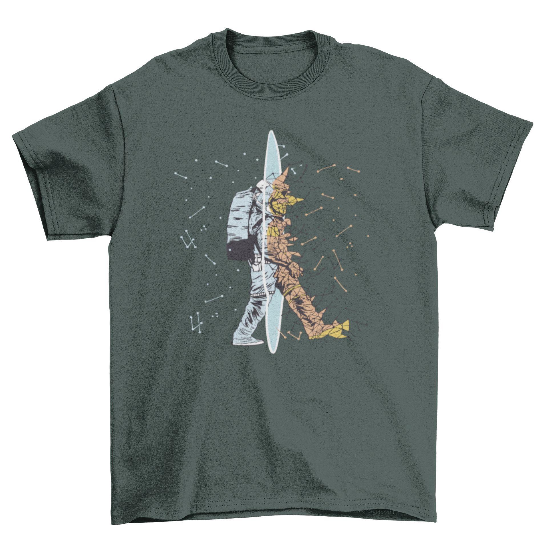 Astronaut walking through a colorful portal on a t-shirt, showcasing a unique and imaginative design.