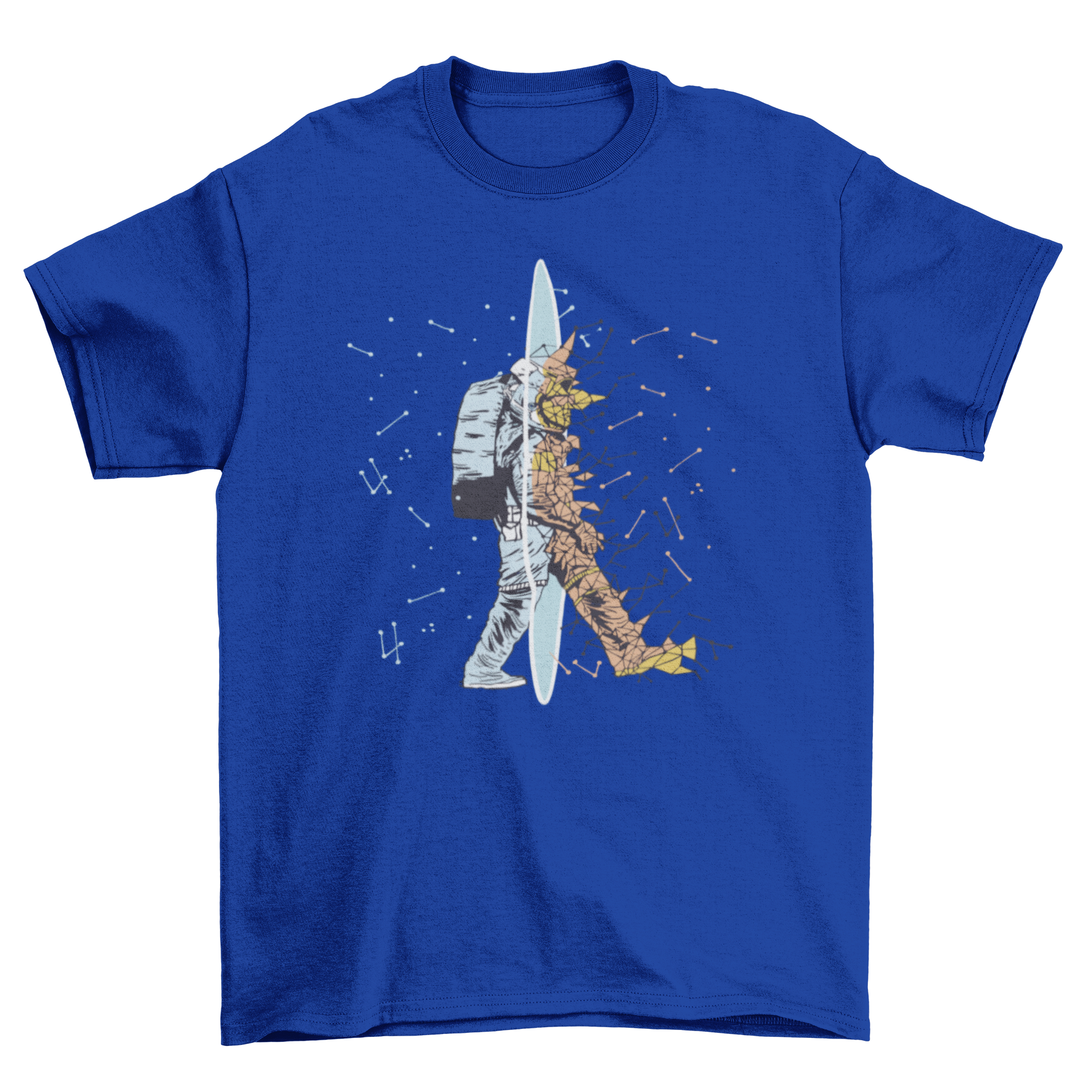 Astronaut walking through a colorful portal on a t-shirt, showcasing a unique and imaginative design.