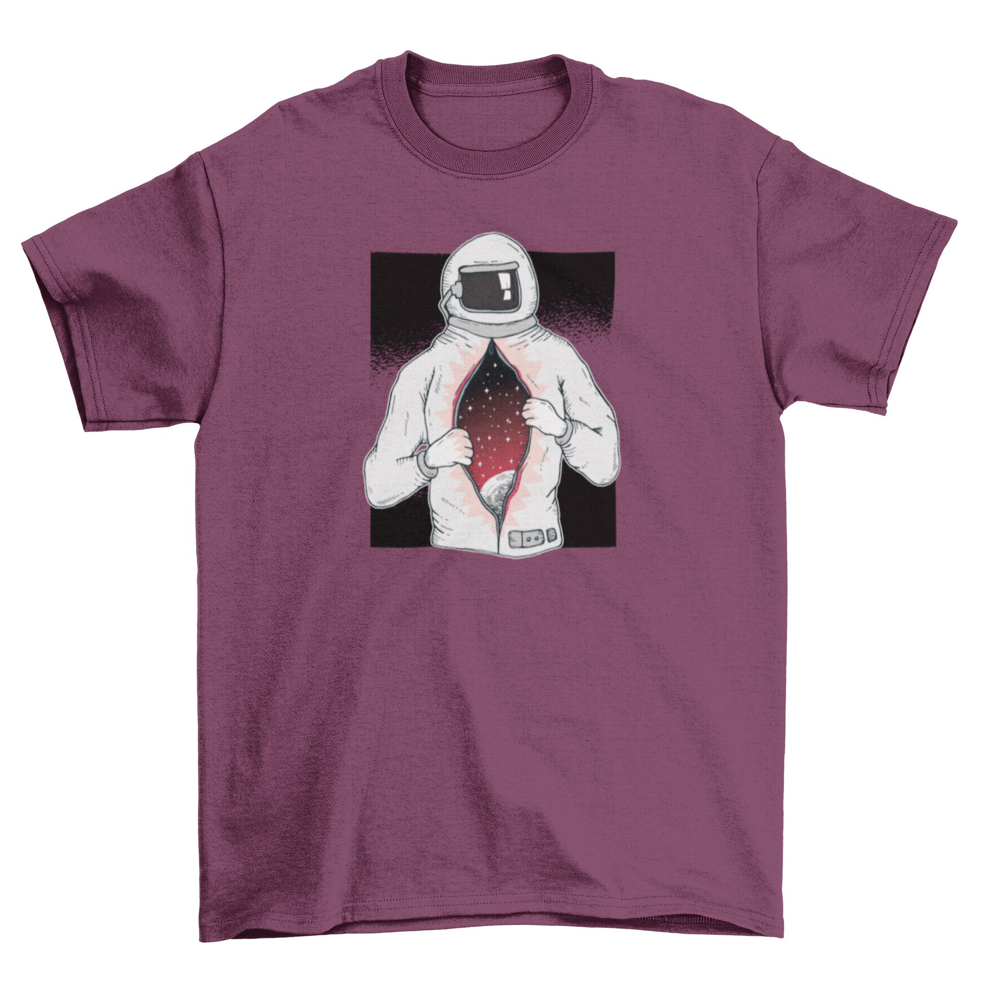 Astronaut T-shirt featuring a design of an astronaut revealing a universe inside their space suit, showcasing stars and galaxies.