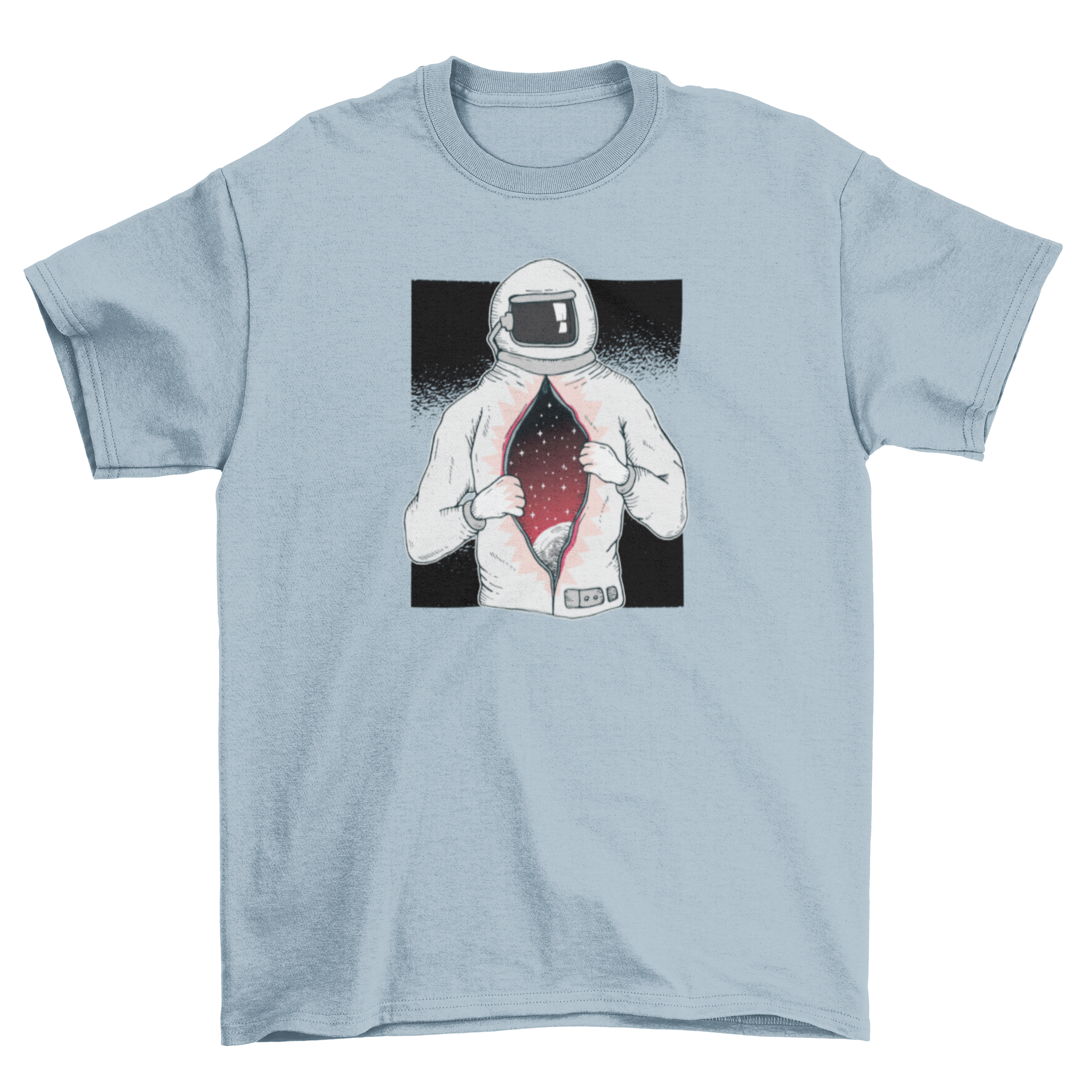 Astronaut T-shirt featuring a design of an astronaut revealing a universe inside their space suit, showcasing stars and galaxies.