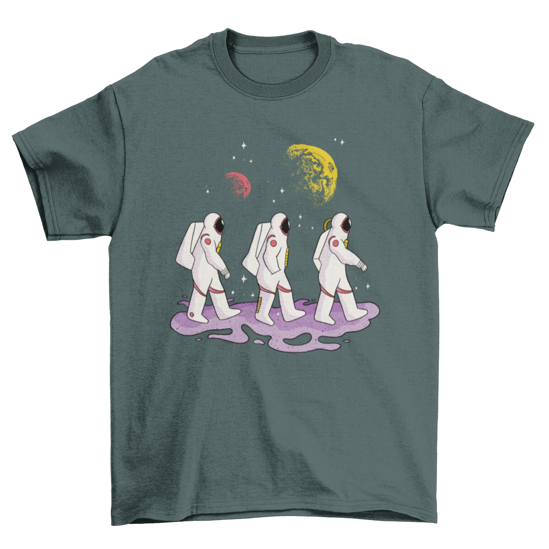 Astronauts Walking T-Shirt featuring three astronauts in space, showcasing a vibrant and unique design.