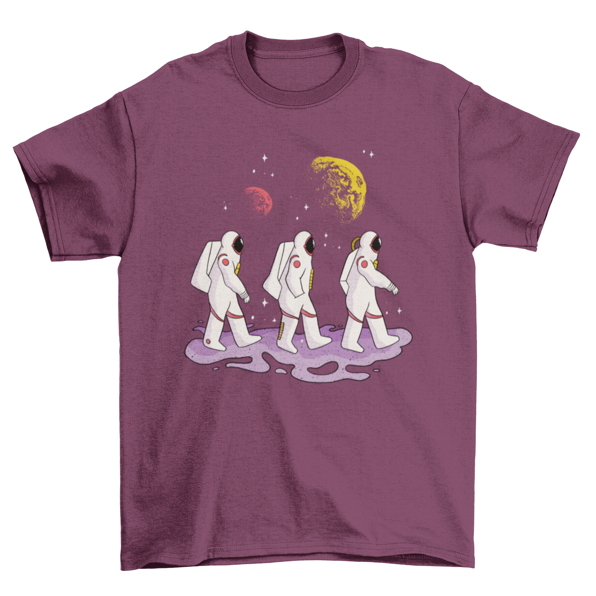 Astronauts Walking T-Shirt featuring three astronauts in space, showcasing a vibrant and unique design.