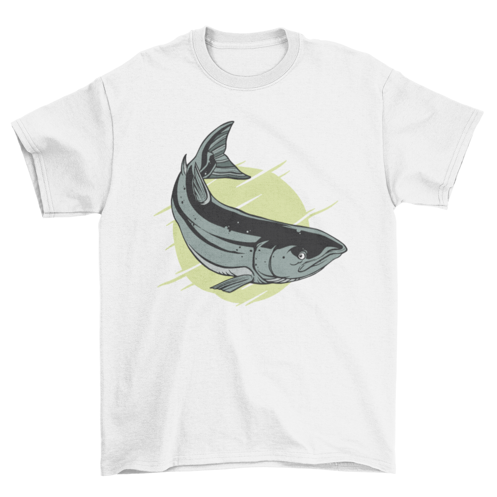 A stylish t-shirt featuring a detailed illustration of an Atlantic salmon, showcasing its vibrant colors and intricate patterns.