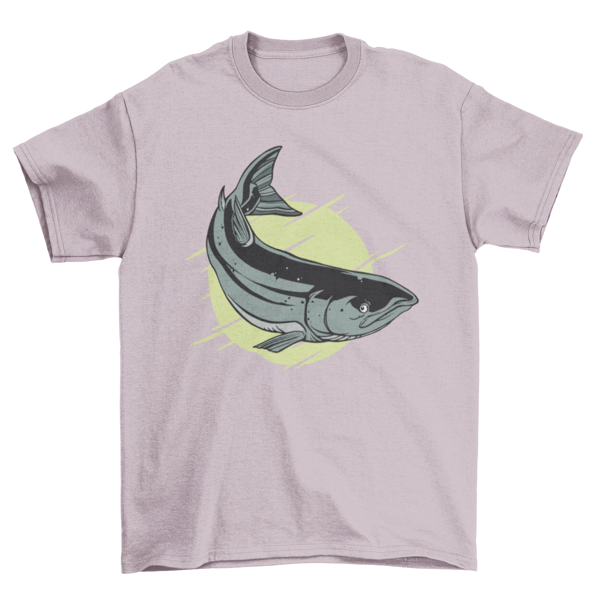 A stylish t-shirt featuring a detailed illustration of an Atlantic salmon, showcasing its vibrant colors and intricate patterns.