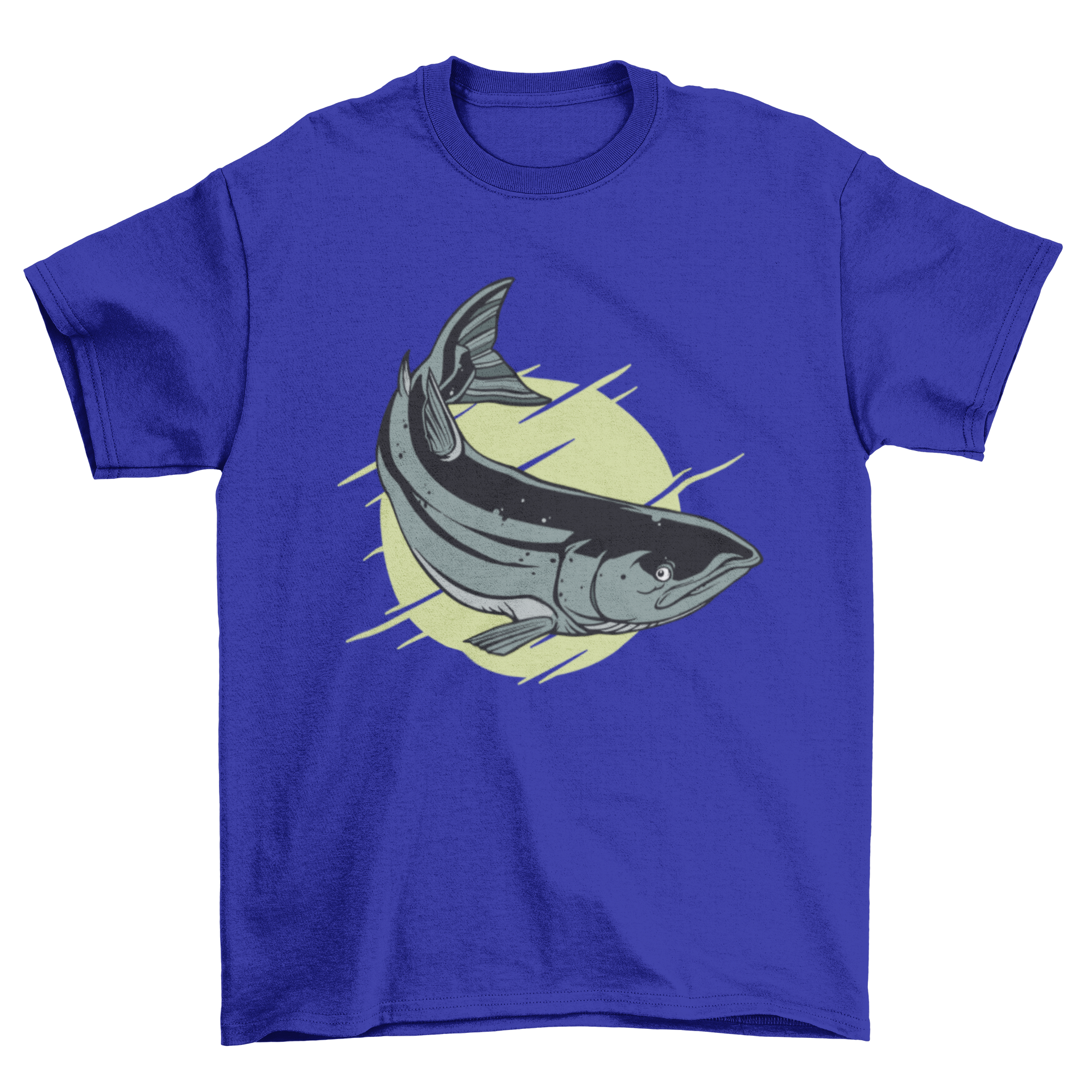 A stylish t-shirt featuring a detailed illustration of an Atlantic salmon, showcasing its vibrant colors and intricate patterns.