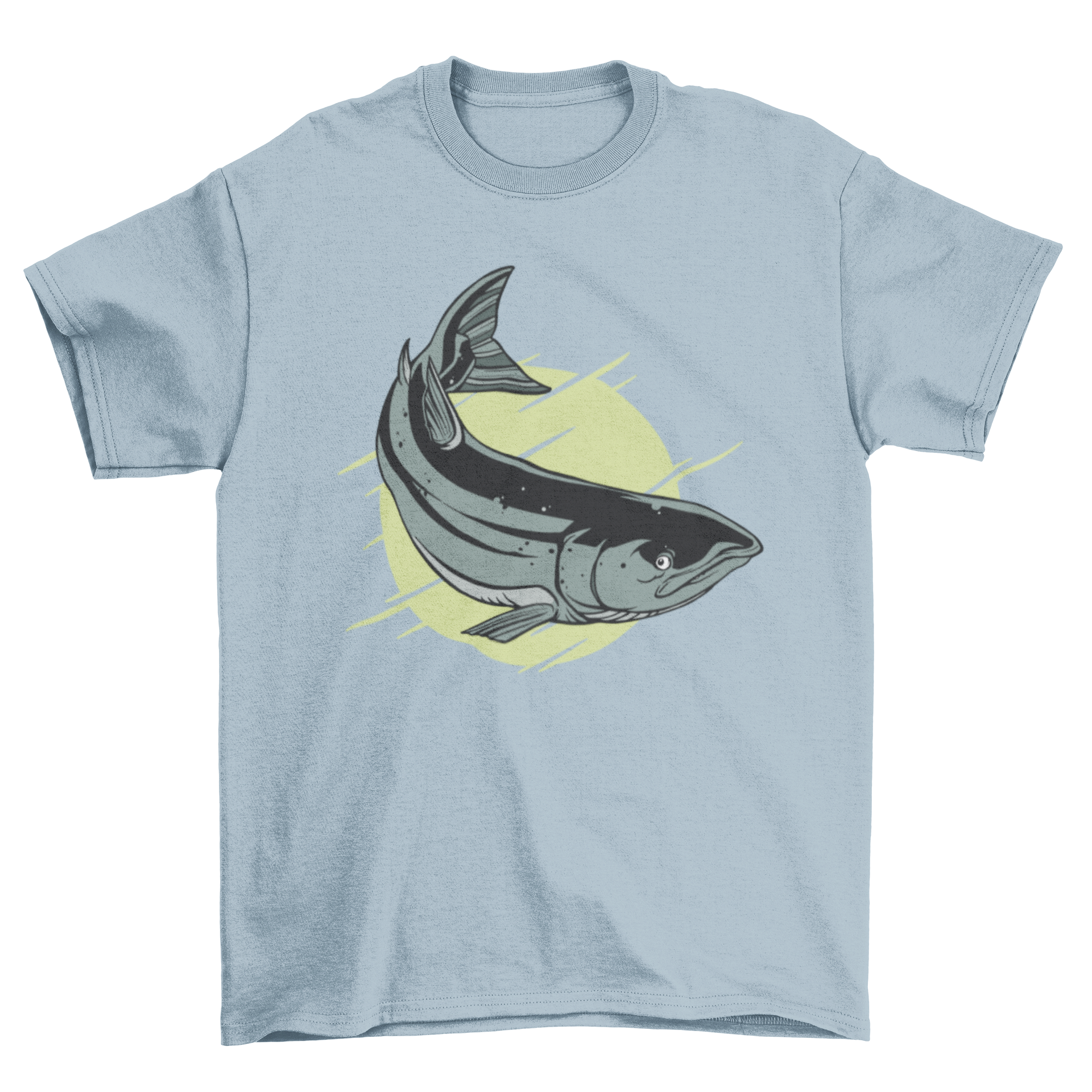 A stylish t-shirt featuring a detailed illustration of an Atlantic salmon, showcasing its vibrant colors and intricate patterns.