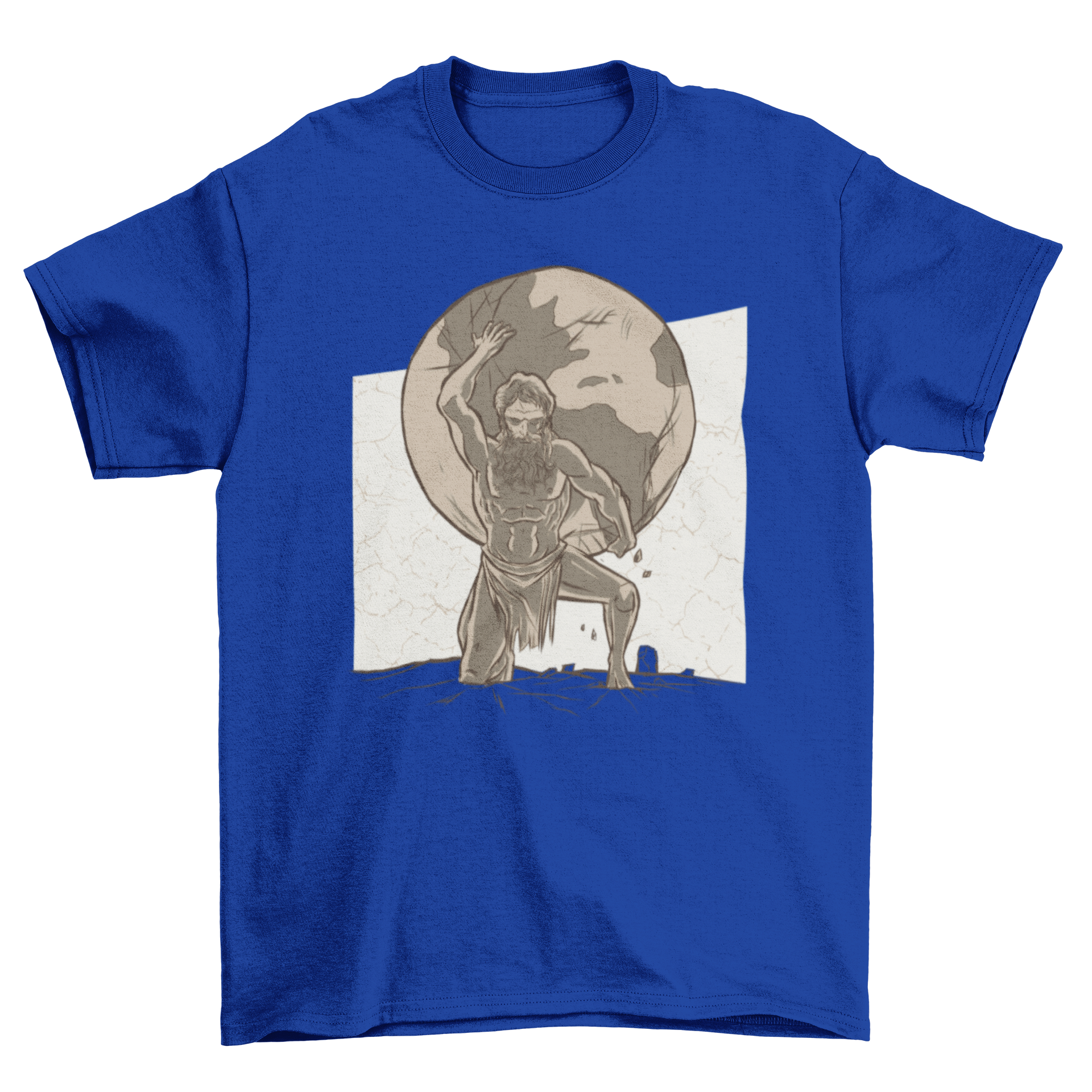 Atlas T-Shirt Design featuring an illustration of Atlas carrying the world on his shoulders, showcasing strength and artistry.