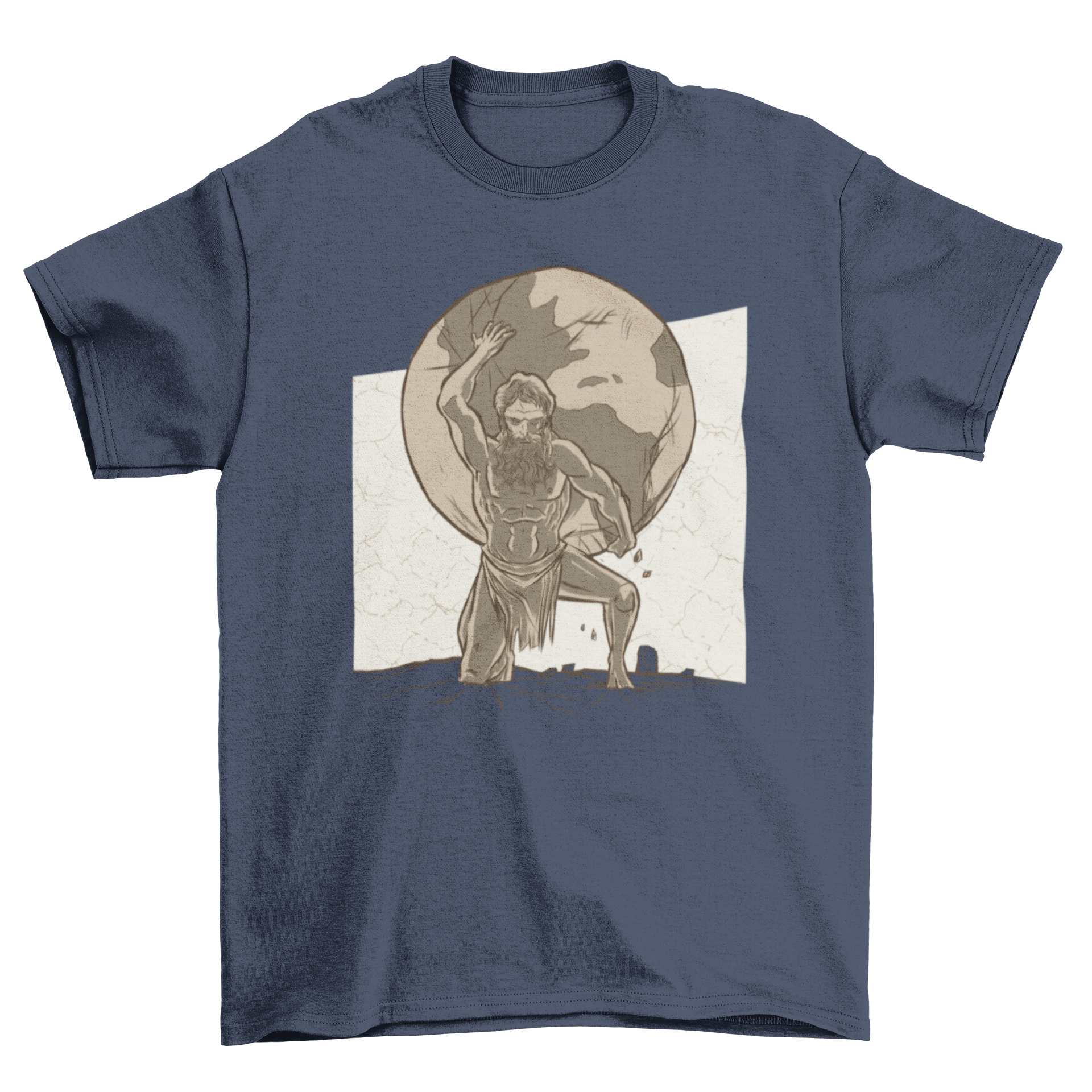 Atlas T-Shirt Design featuring an illustration of Atlas carrying the world on his shoulders, showcasing strength and artistry.