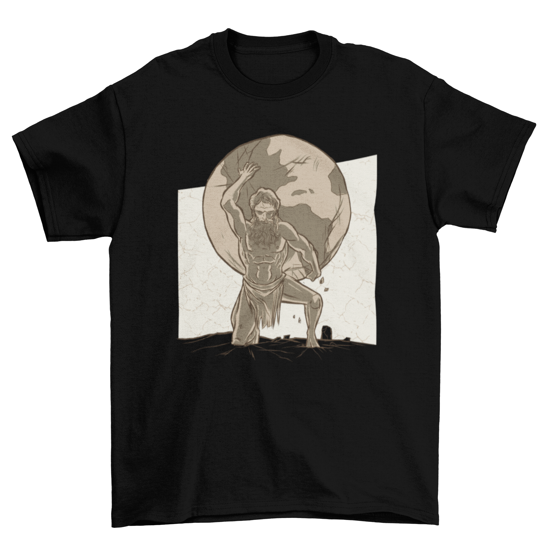 Atlas T-Shirt Design featuring an illustration of Atlas carrying the world on his shoulders, showcasing strength and artistry.