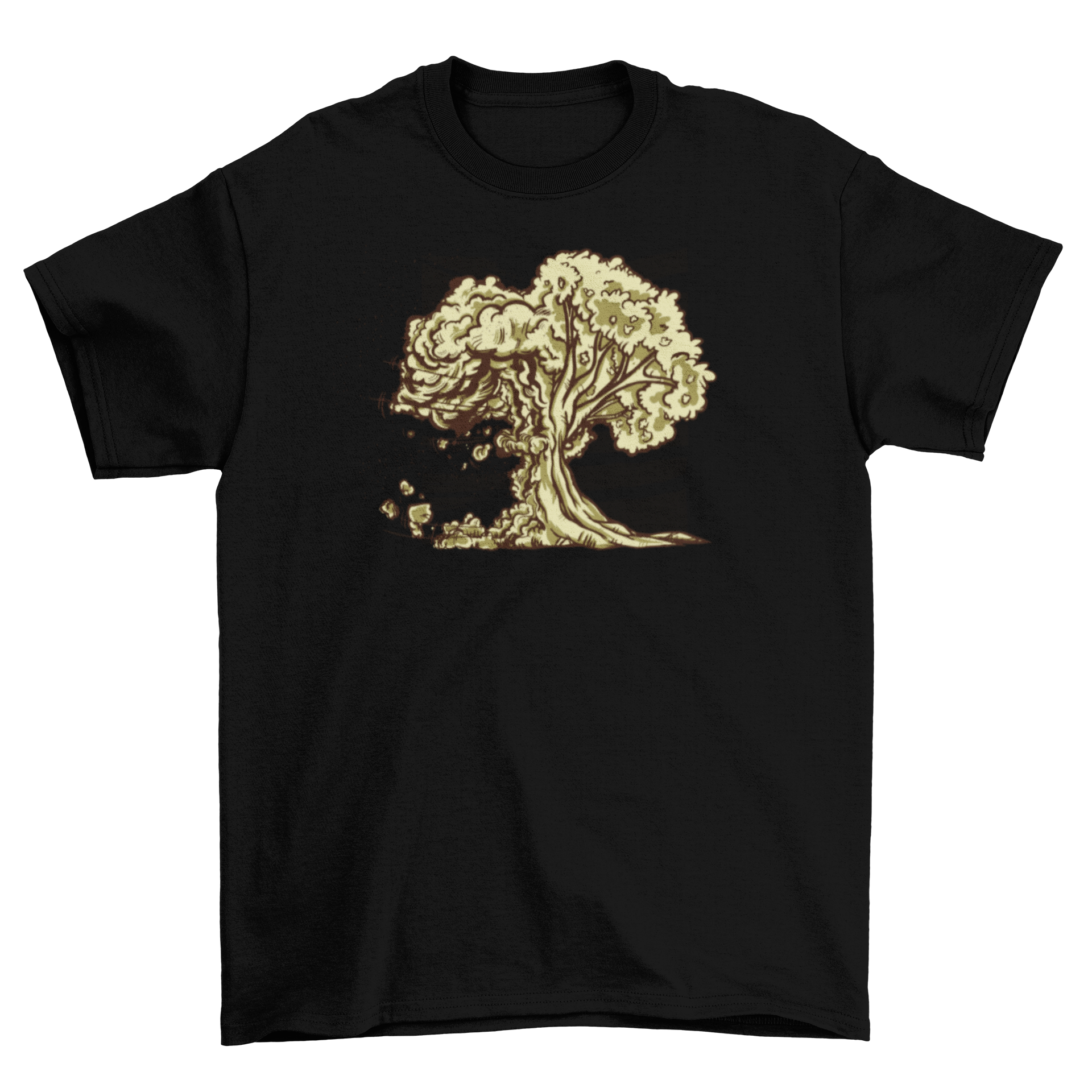 Atomic Bomb Tree T-shirt featuring a graphic design of a mushroom explosion merging with a leafy tree.