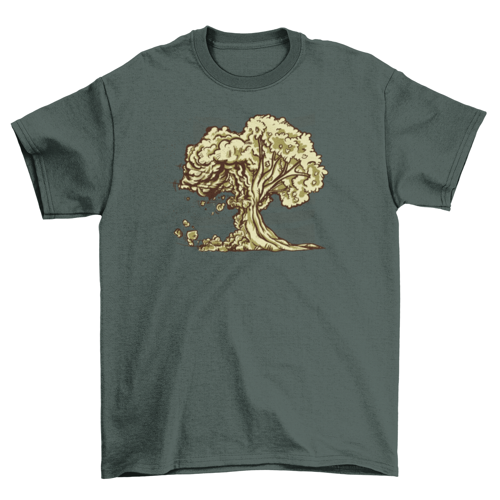 Atomic Bomb Tree T-shirt featuring a graphic design of a mushroom explosion merging with a leafy tree.