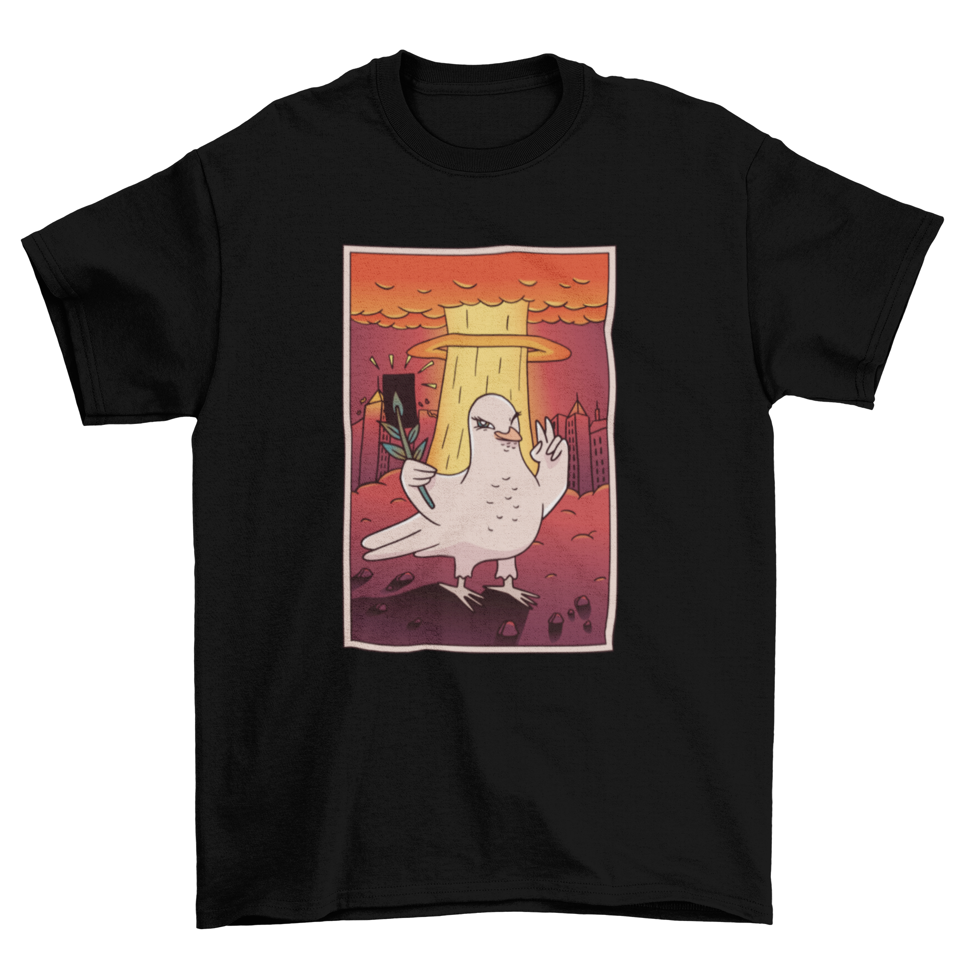 A humorous T-shirt design featuring a dove taking a selfie with an atomic bomb mushroom cloud in the background.