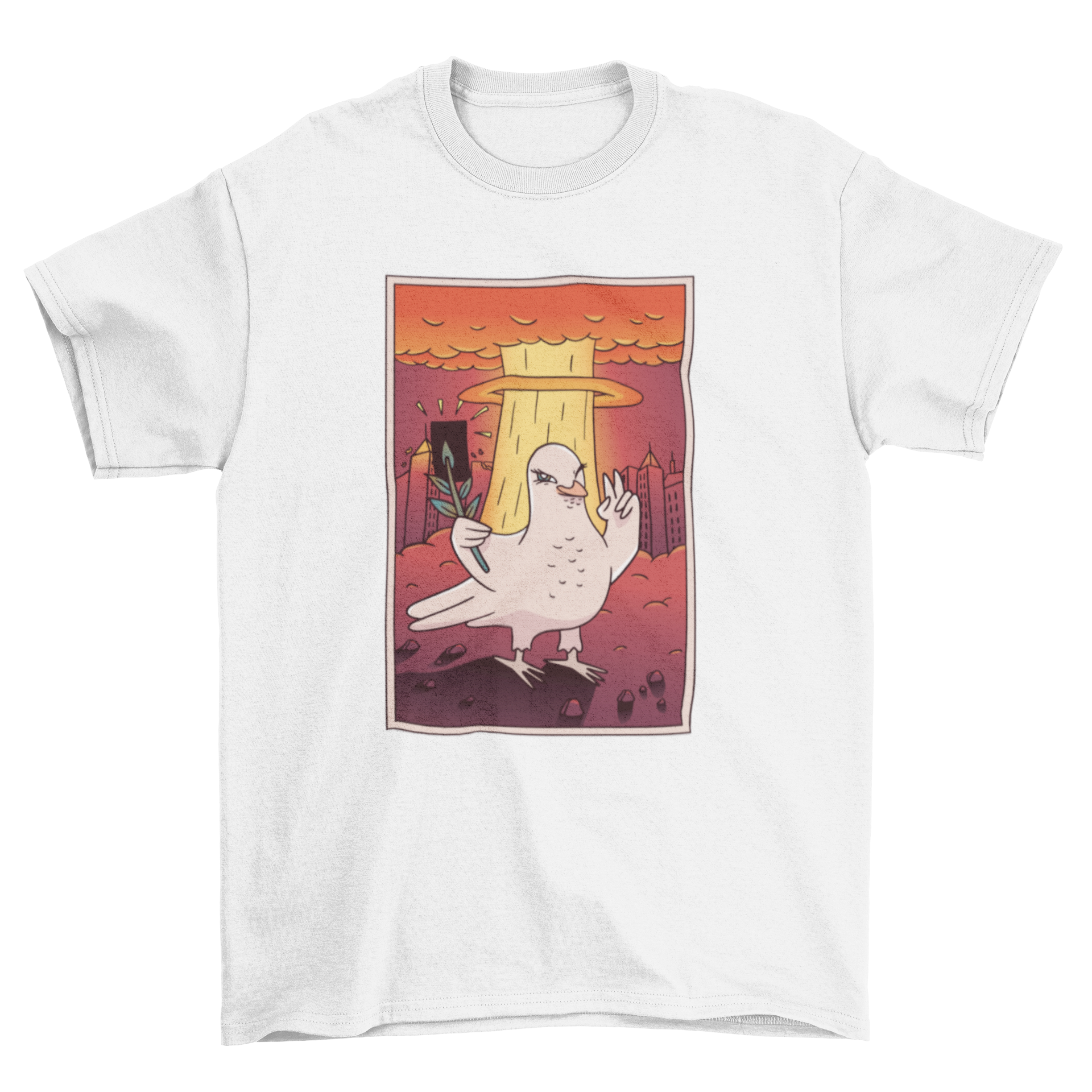 A humorous T-shirt design featuring a dove taking a selfie with an atomic bomb mushroom cloud in the background.