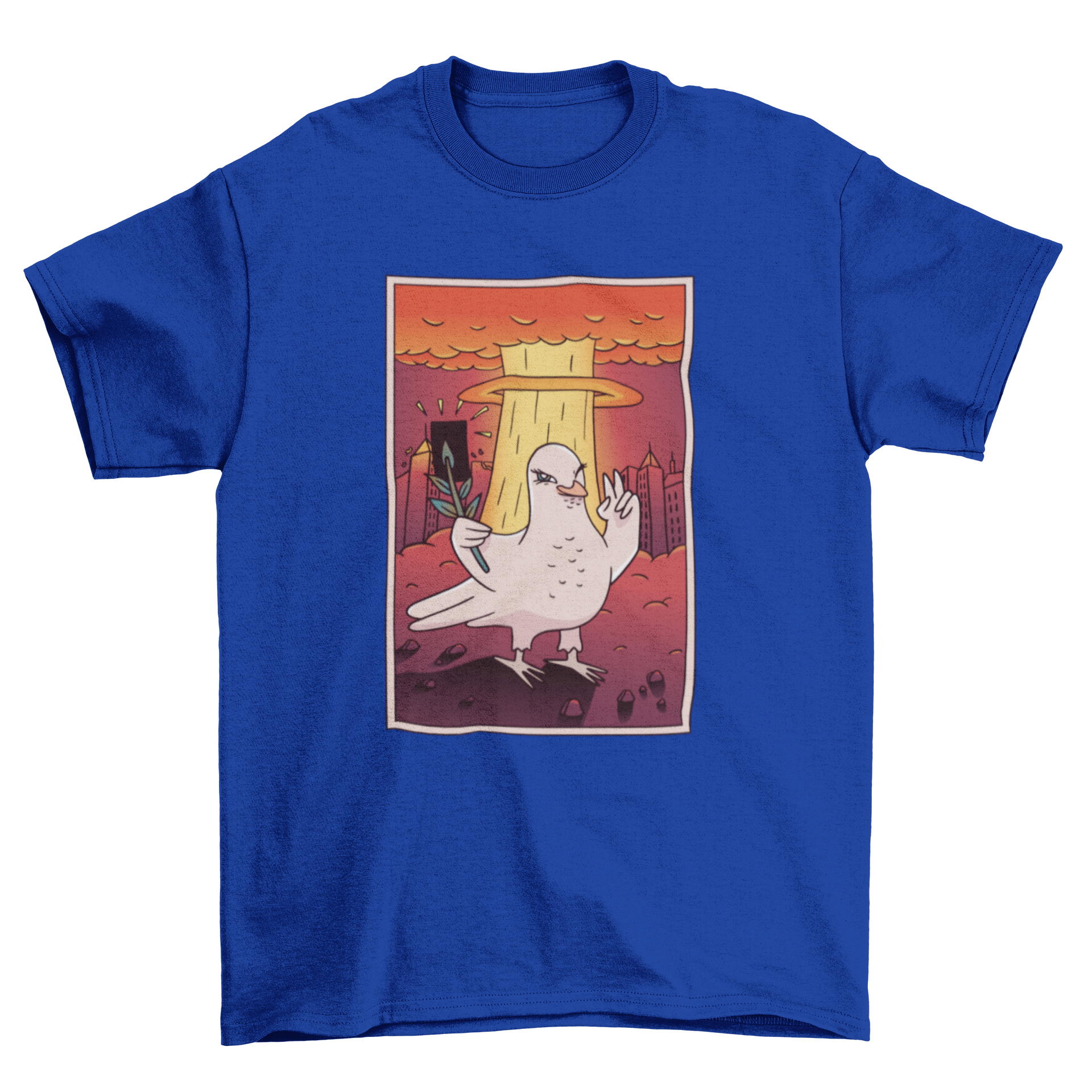 A humorous T-shirt design featuring a dove taking a selfie with an atomic bomb mushroom cloud in the background.