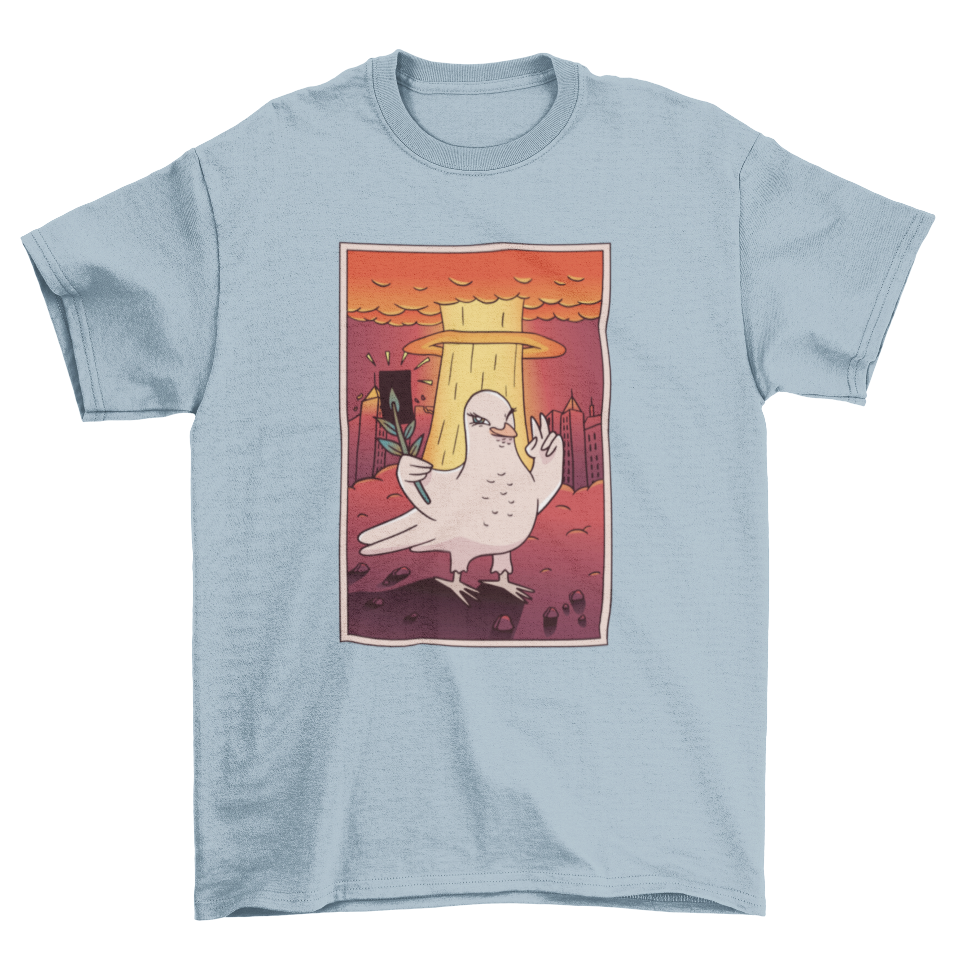 A humorous T-shirt design featuring a dove taking a selfie with an atomic bomb mushroom cloud in the background.