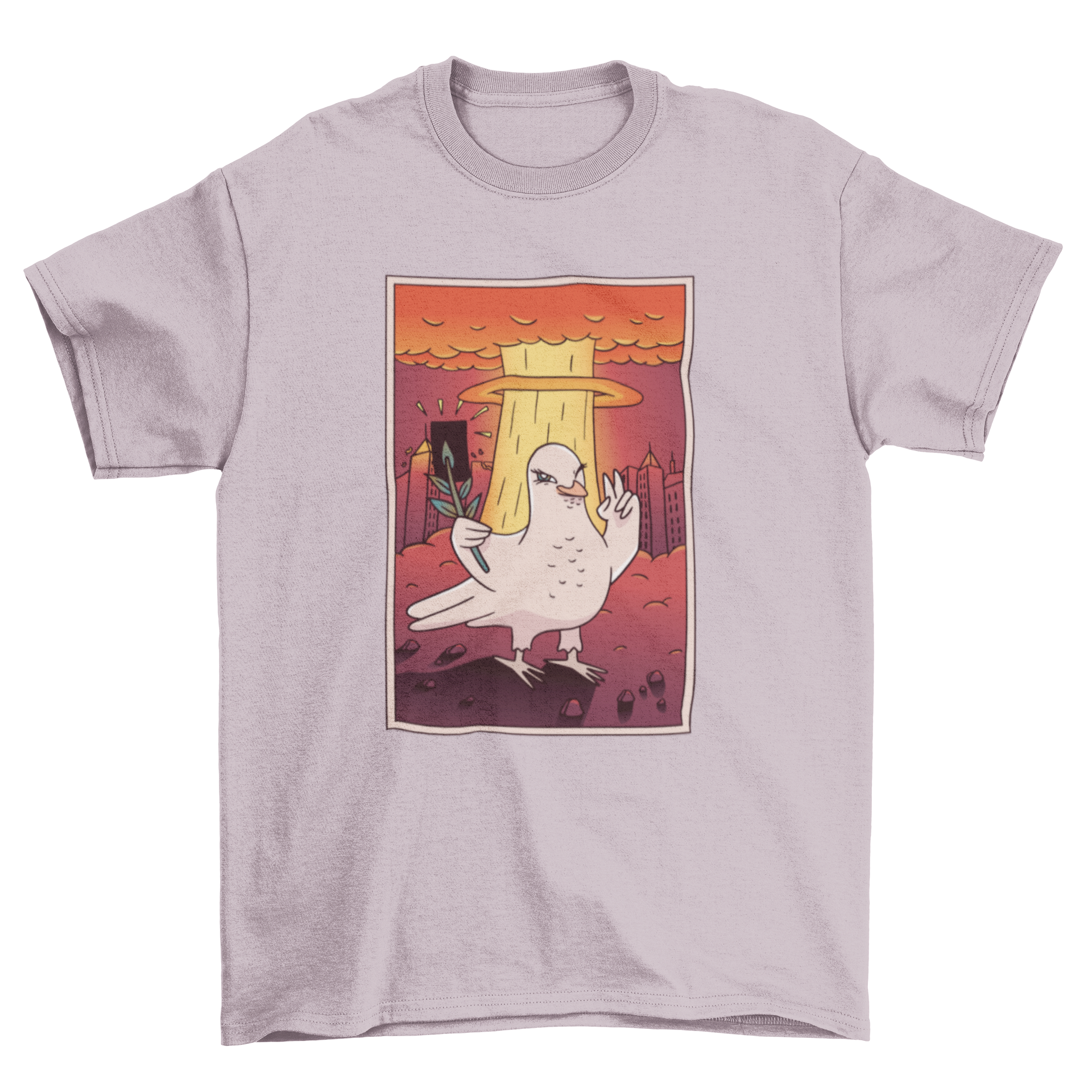 A humorous T-shirt design featuring a dove taking a selfie with an atomic bomb mushroom cloud in the background.