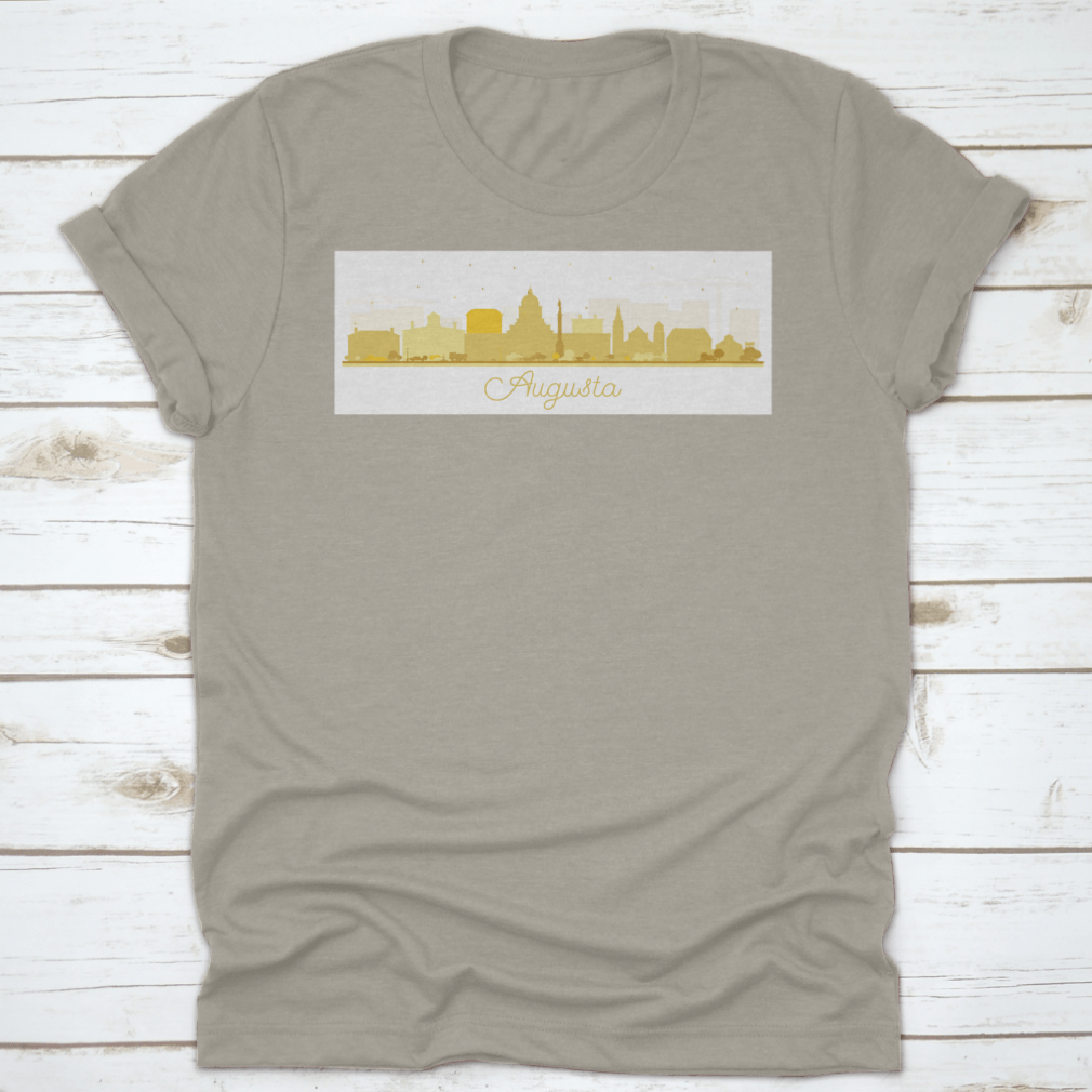 Augusta Maine city skyline silhouette t-shirt featuring golden buildings, showcasing a stylish design for city lovers.