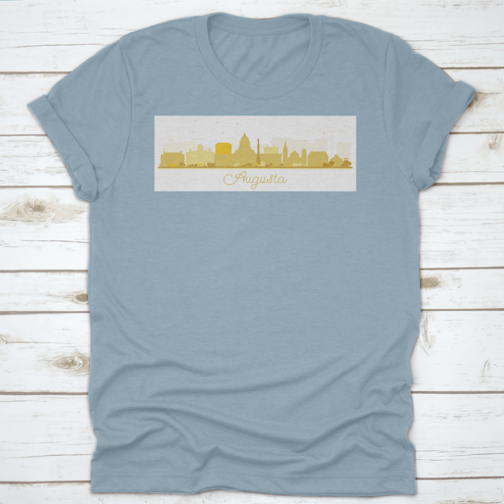 Augusta Maine city skyline silhouette t-shirt featuring golden buildings, showcasing a stylish design for city lovers.