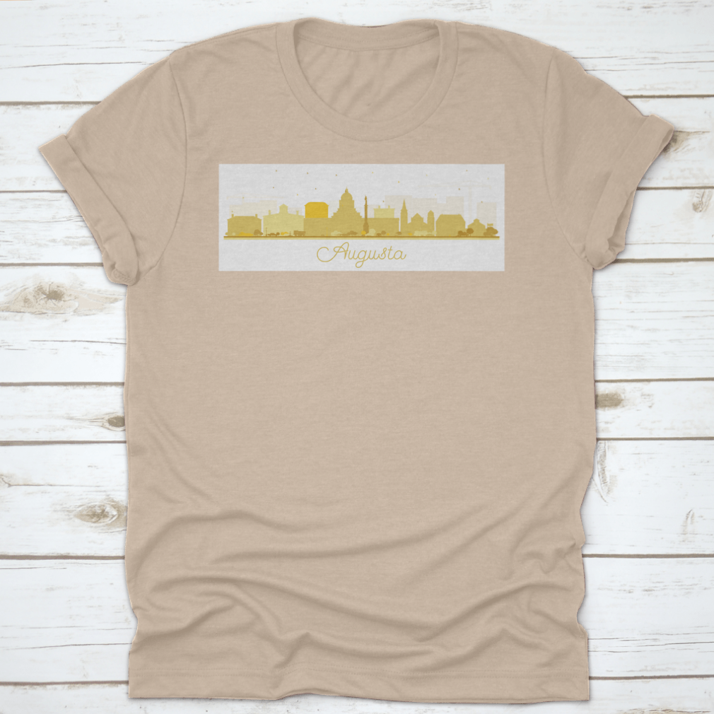 Augusta Maine city skyline silhouette t-shirt featuring golden buildings, showcasing a stylish design for city lovers.