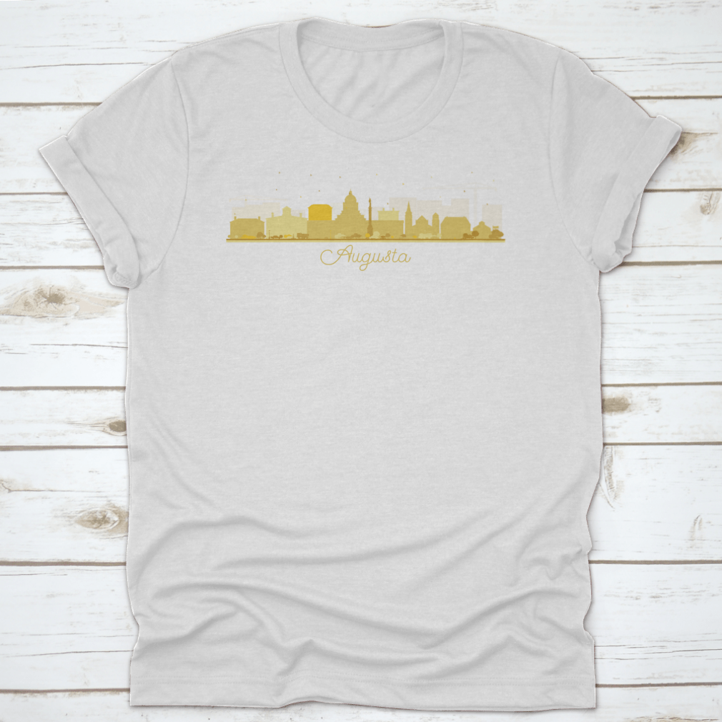 Augusta Maine city skyline silhouette t-shirt featuring golden buildings, showcasing a stylish design for city lovers.