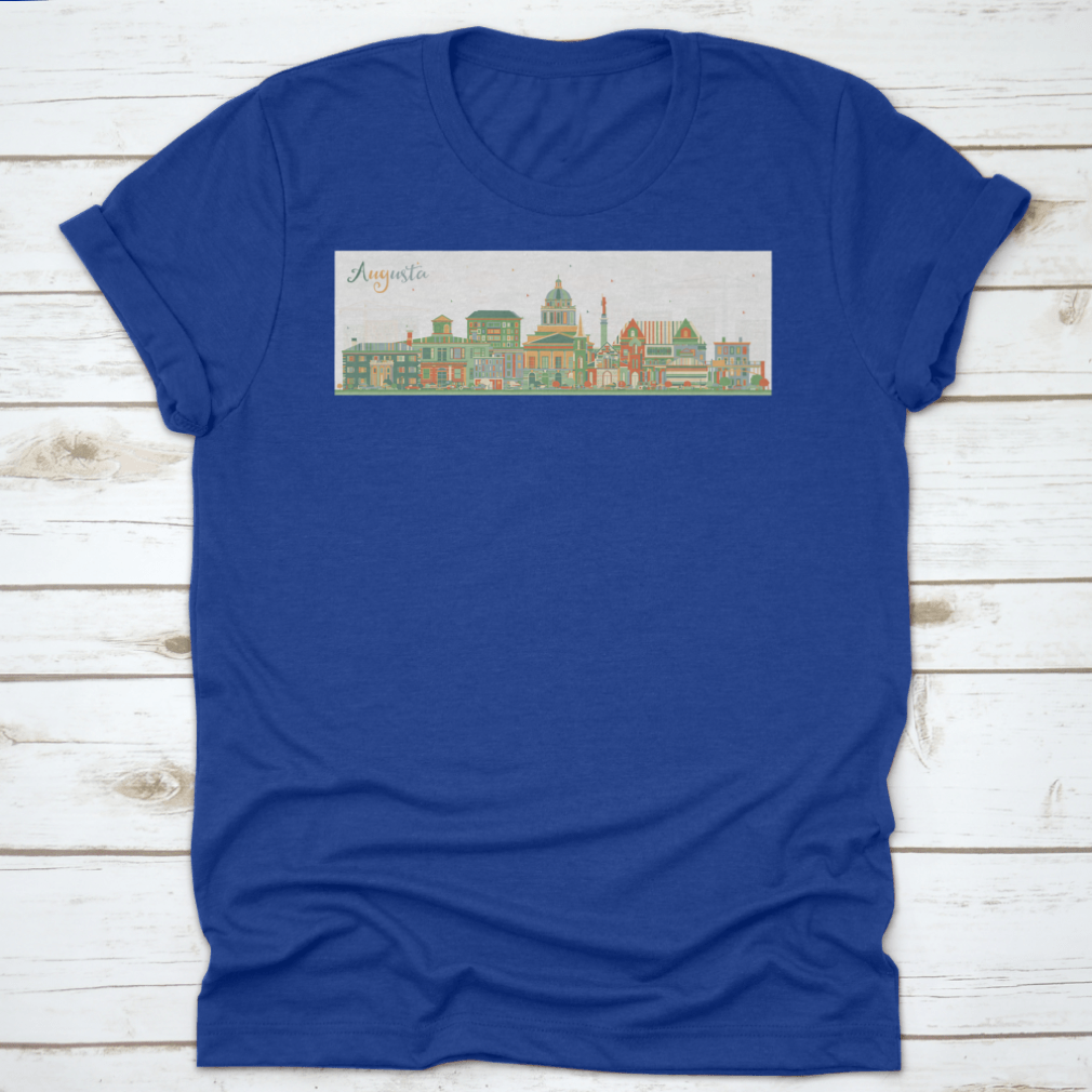 Colorful vector illustration of Augusta Maine city skyline featuring various buildings and a vibrant design.